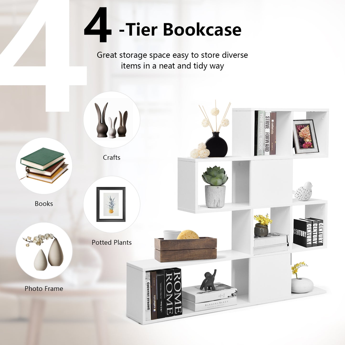 5-Tier Bookshelf Corner Ladder Bookcase with Storage Rack-White Kids Crystal