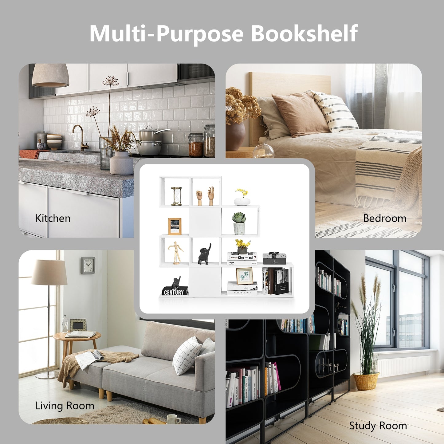 5-Tier Bookshelf Corner Ladder Bookcase with Storage Rack-White Kids Crystal