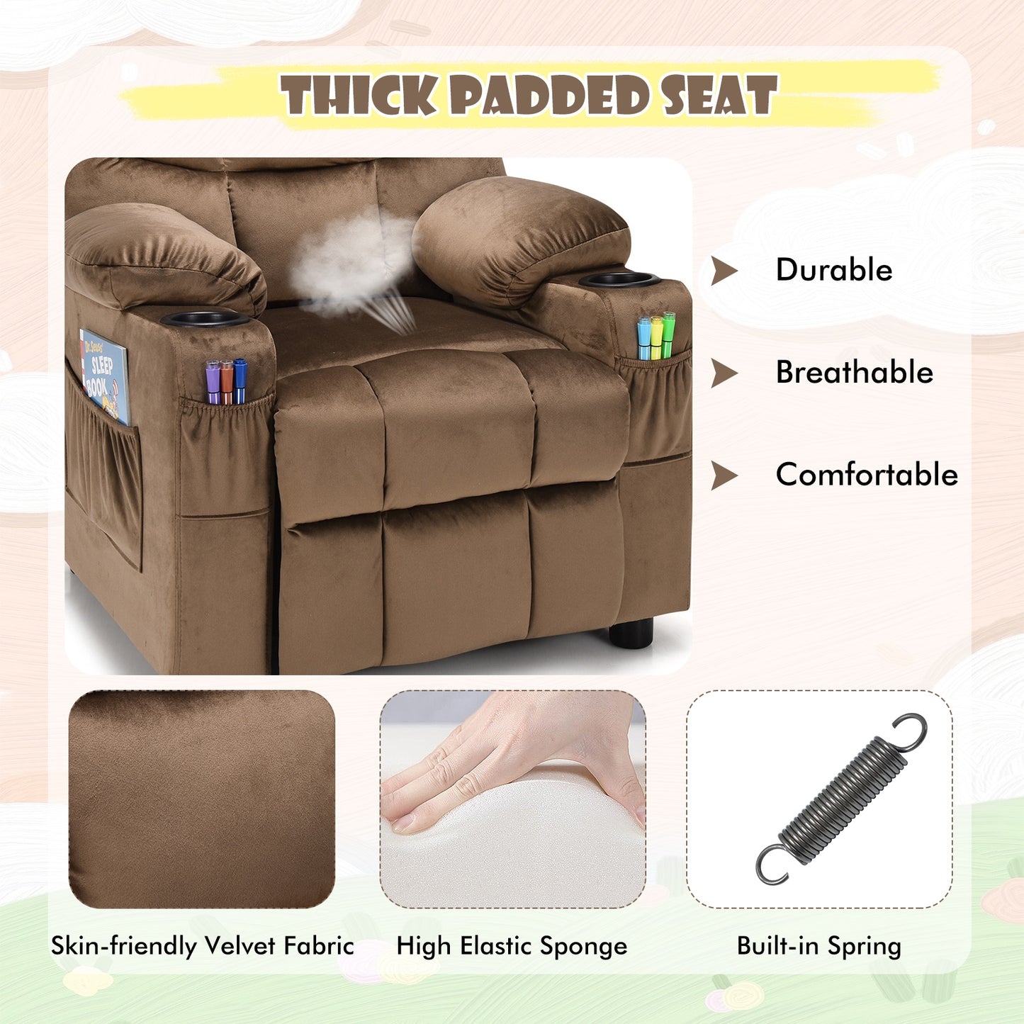 Kids Recliner Chair with Cup Holder and Footrest for Children-Light Brown Kids Crystal