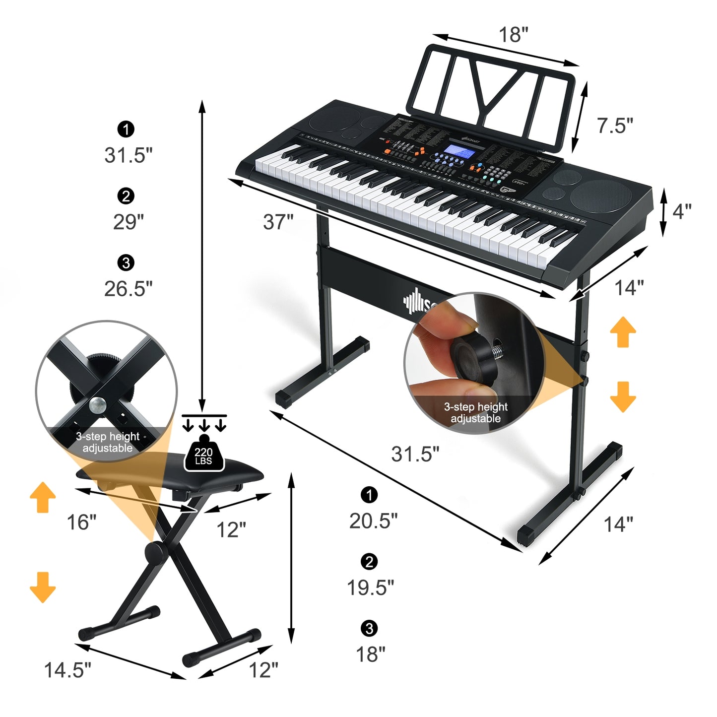 61-Key Electronic Keyboard Piano Set with Full Size Lighted Keys Kids Crystal