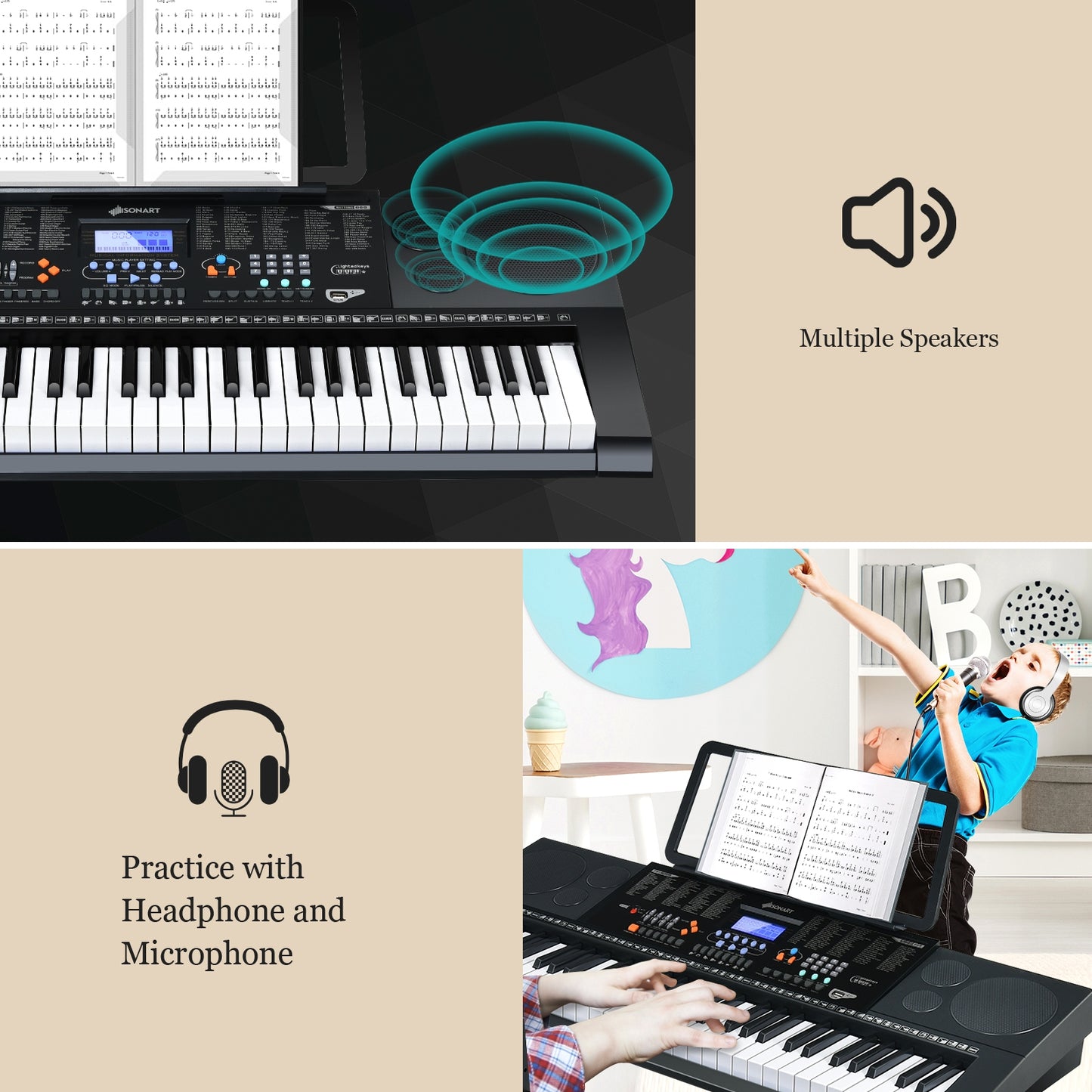 61-Key Electronic Keyboard Piano Set with Full Size Lighted Keys Kids Crystal