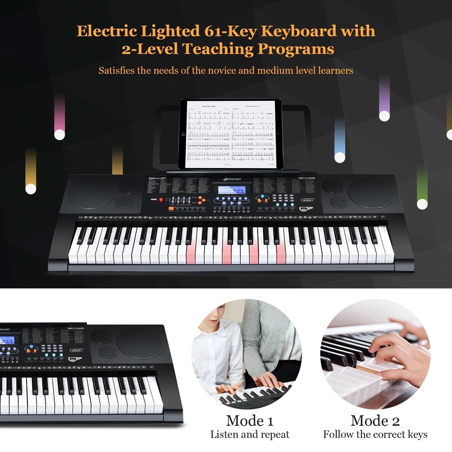 61-Key Electronic Keyboard Piano Set with Full Size Lighted Keys Kids Crystal