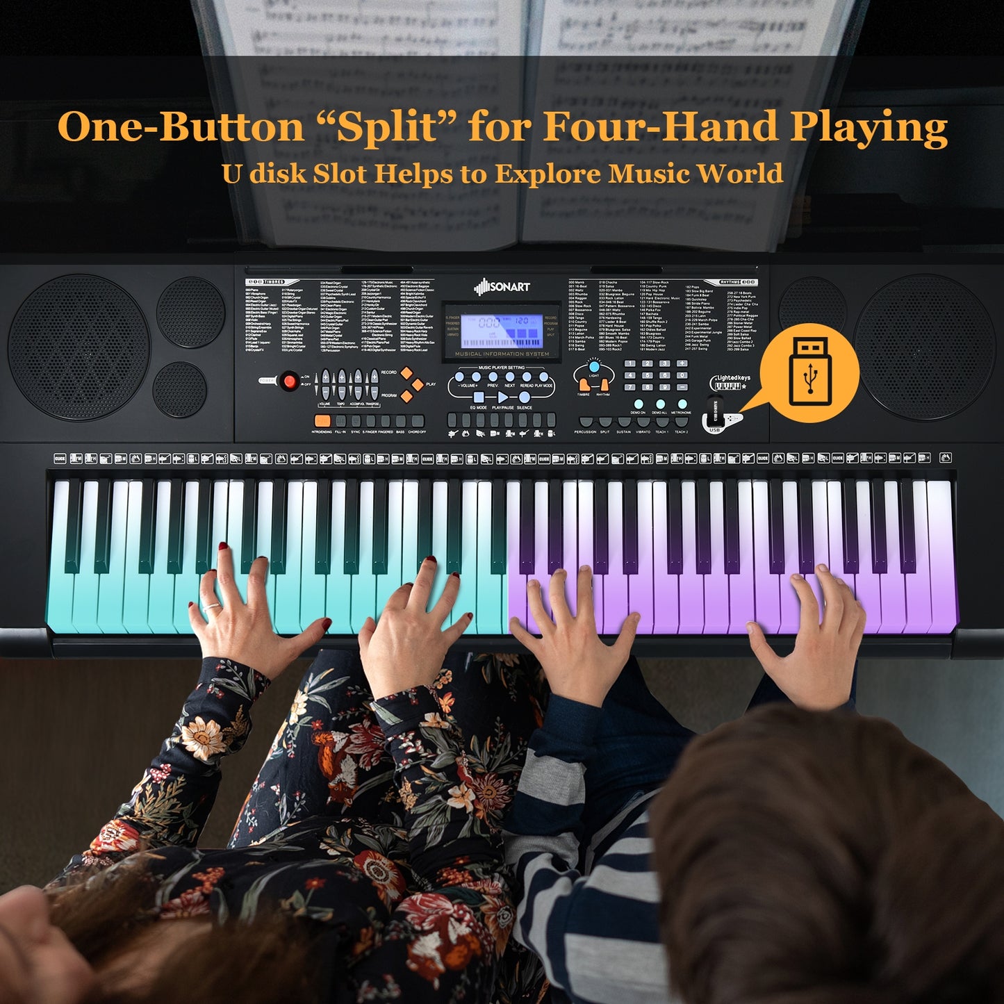 61-Key Electronic Keyboard Piano Set with Full Size Lighted Keys Kids Crystal