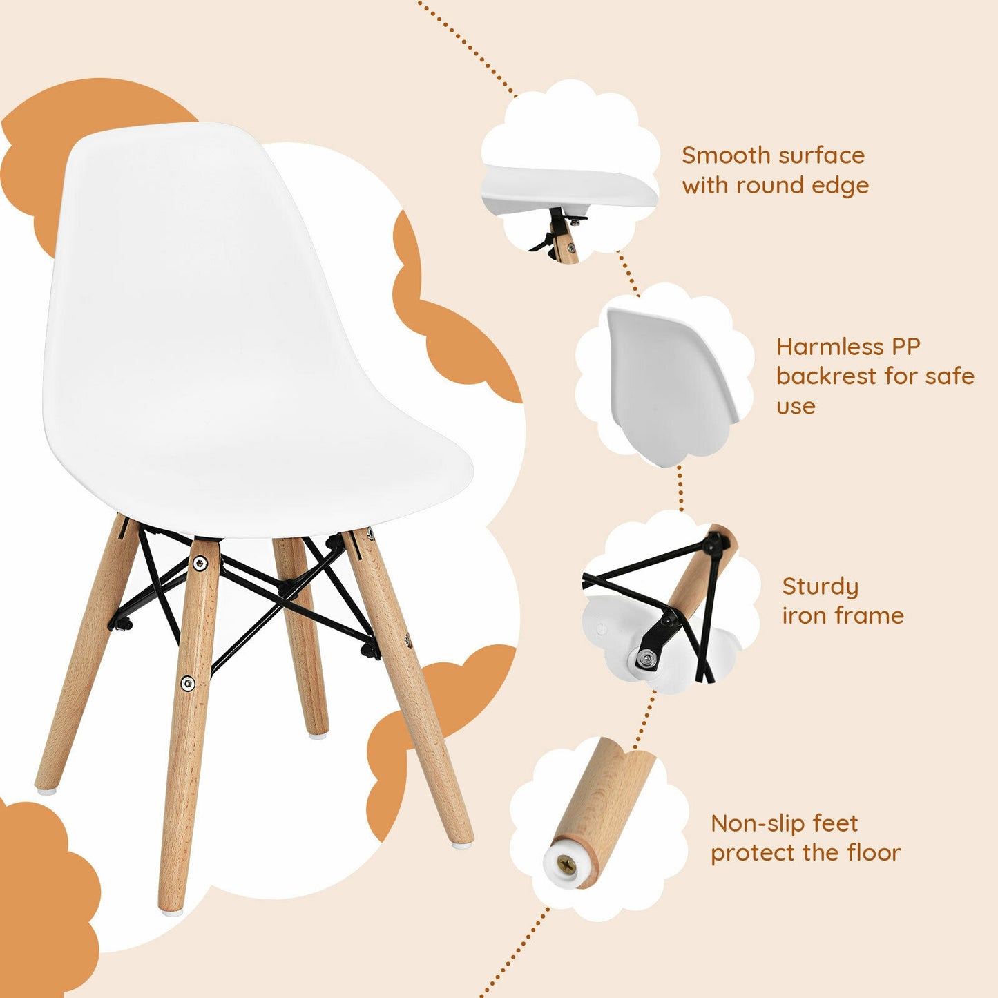 4 Pieces Medieval Style Children Chair Set with Wood Legs-White Kids Crystal