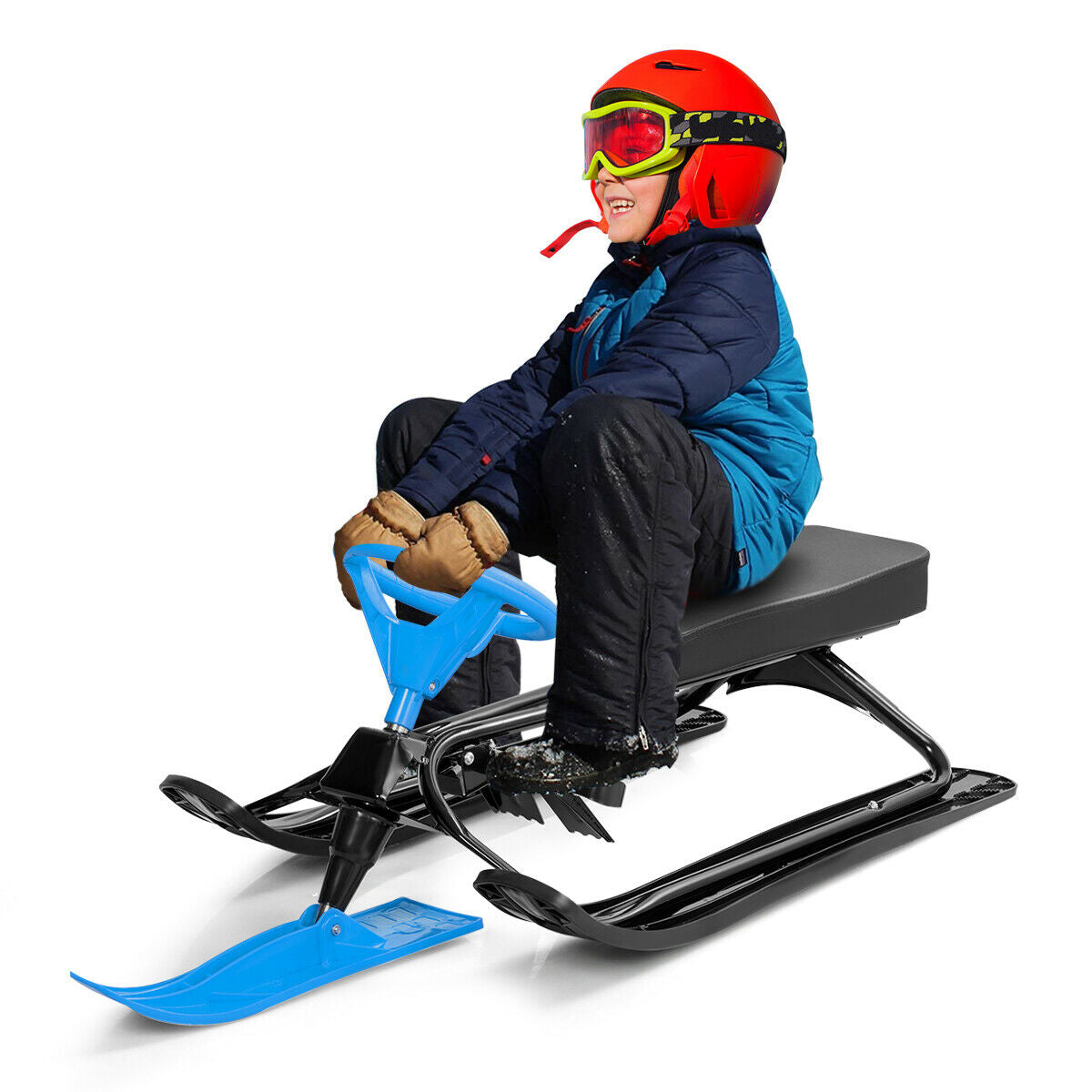 Kids Snow Sand Grass Sled with Steering Wheel and Brakes-Blue Kids Crystal