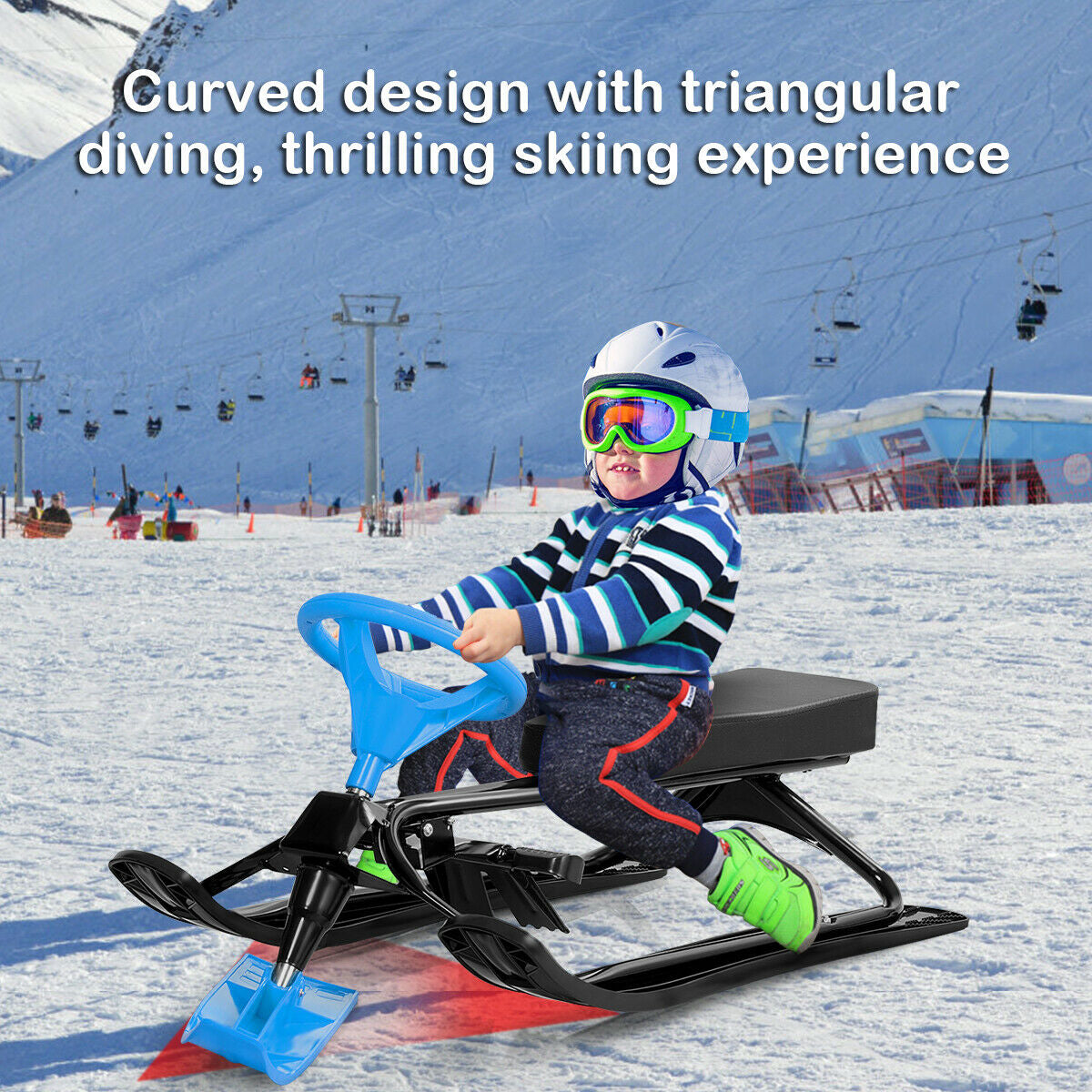 Kids Snow Sand Grass Sled with Steering Wheel and Brakes-Blue Kids Crystal