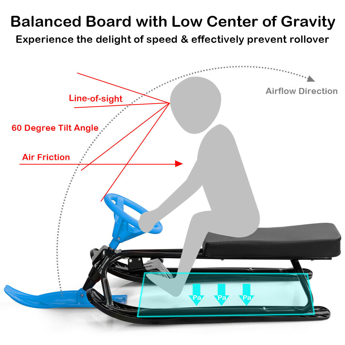 Kids Snow Sand Grass Sled with Steering Wheel and Brakes-Blue Kids Crystal
