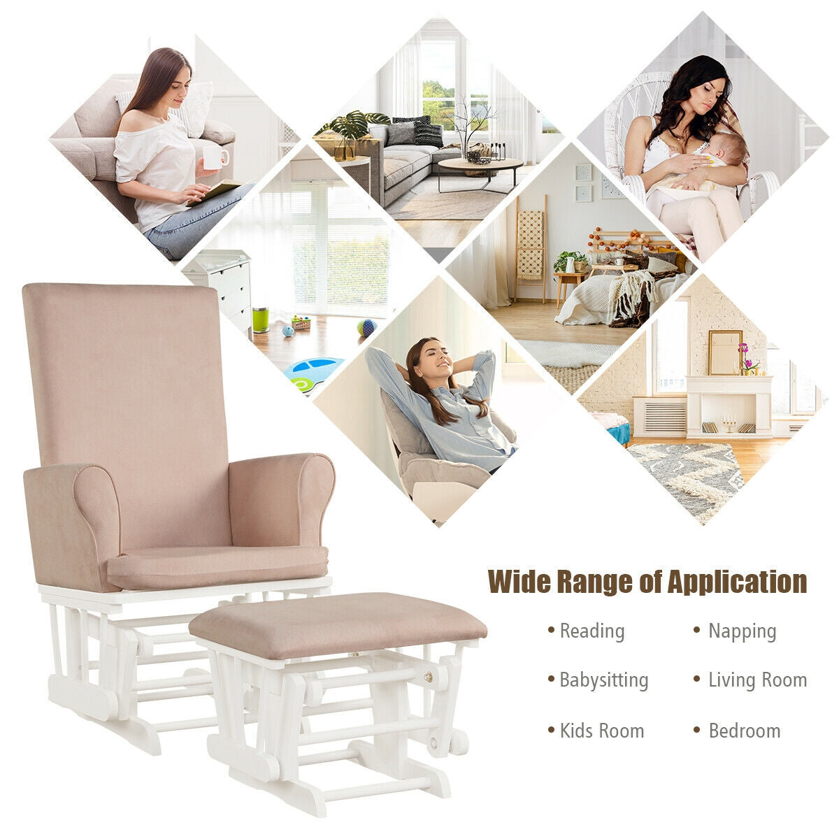 Wooden Baby Nursery Glider and Ottoman Cushion Set-Pink Kids Crystal