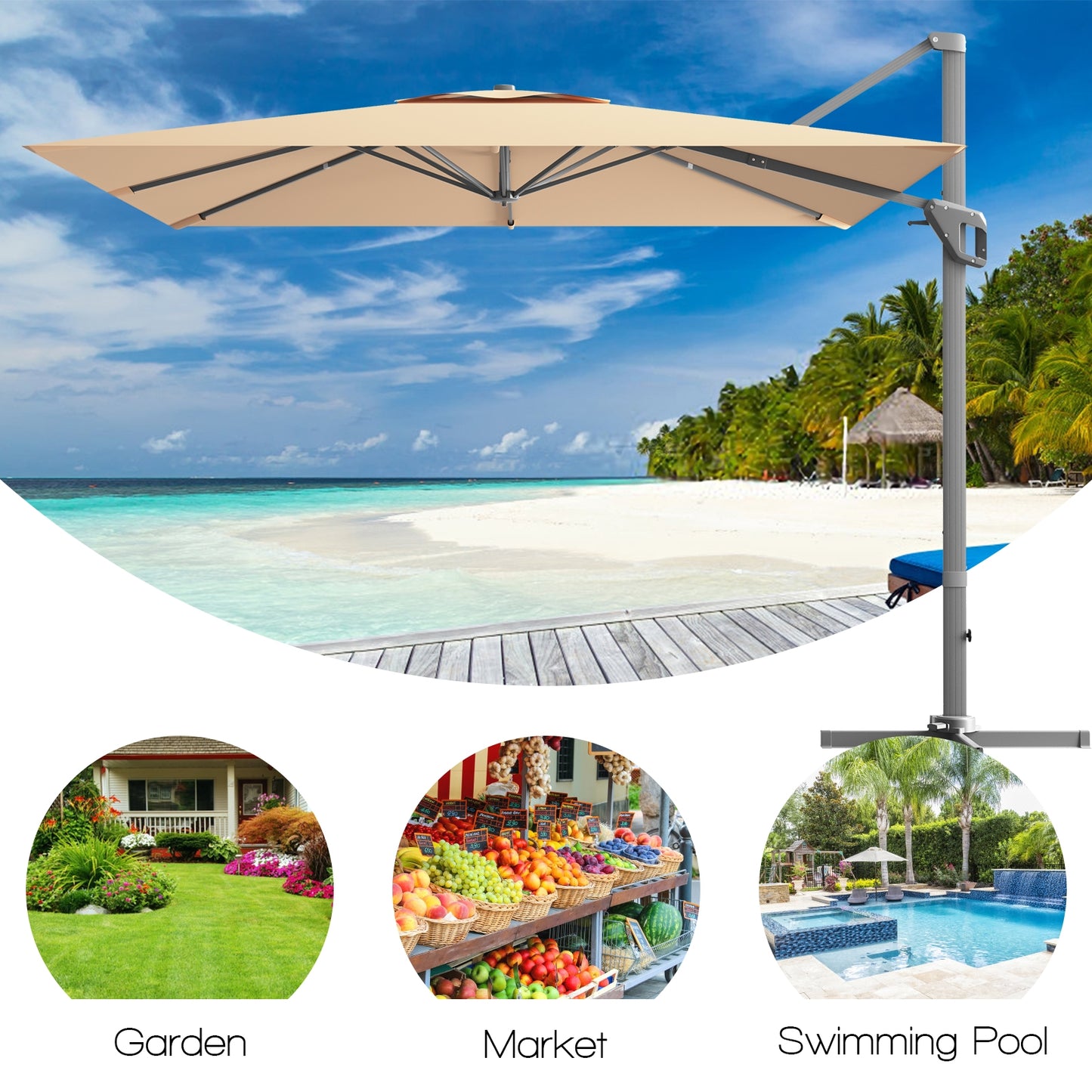 10 x 10 Feet Patio Offset Cantilever Umbrella with Aluminum 360-degree Rotation Tilt-Beige Kids Crystal