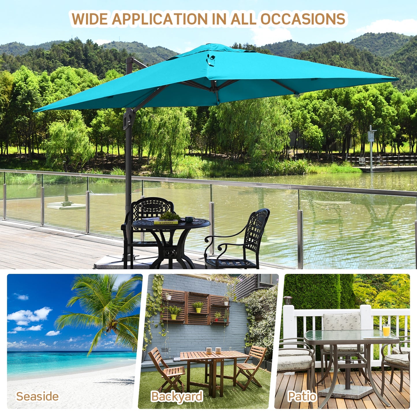 10 x 10 Feet Patio Offset Cantilever Umbrella with Aluminum 360-degree Rotation Tilt-Turquoise Kids Crystal