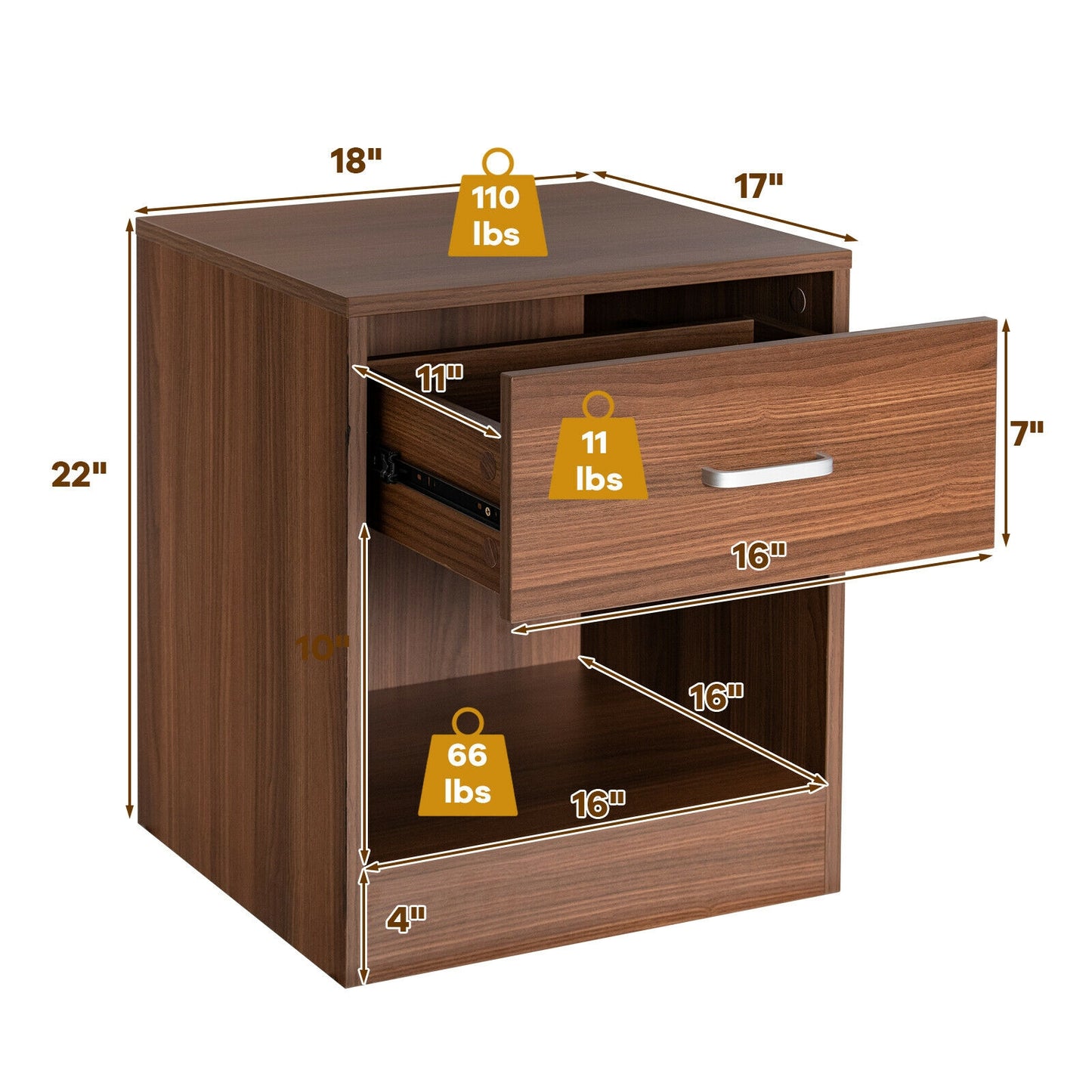 2 Pieces Nightstand with Storage Drawer and Cabinet-Brown Kids Crystal