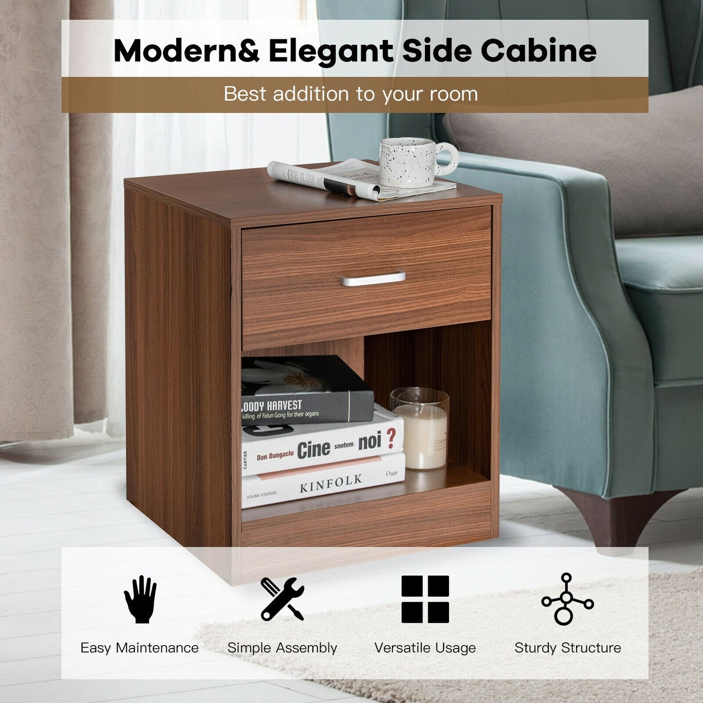 2 Pieces Nightstand with Storage Drawer and Cabinet-Brown Kids Crystal