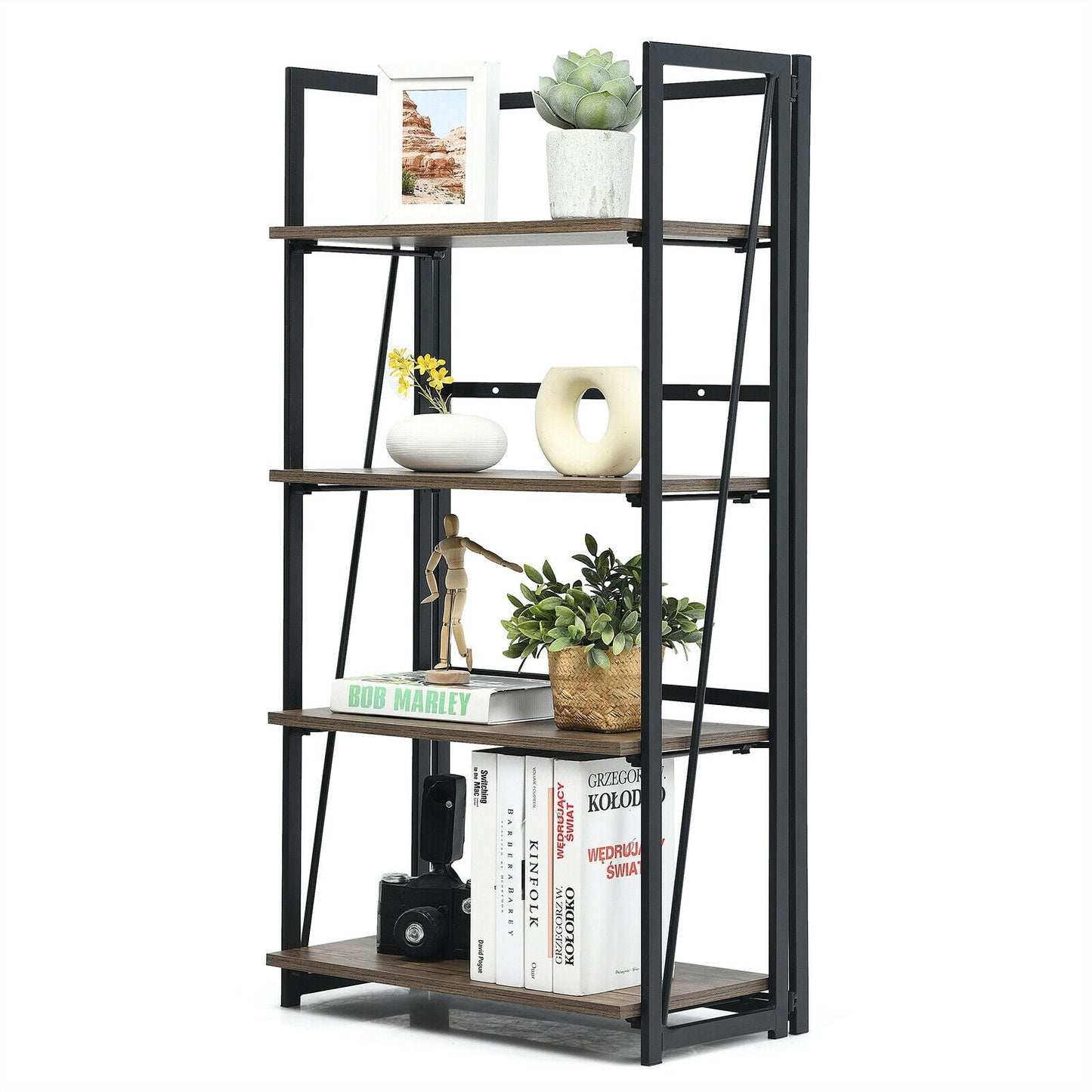 4-Tier Folding Bookshelf No-Assembly Industrial Bookcase Display Shelves Kids Crystal