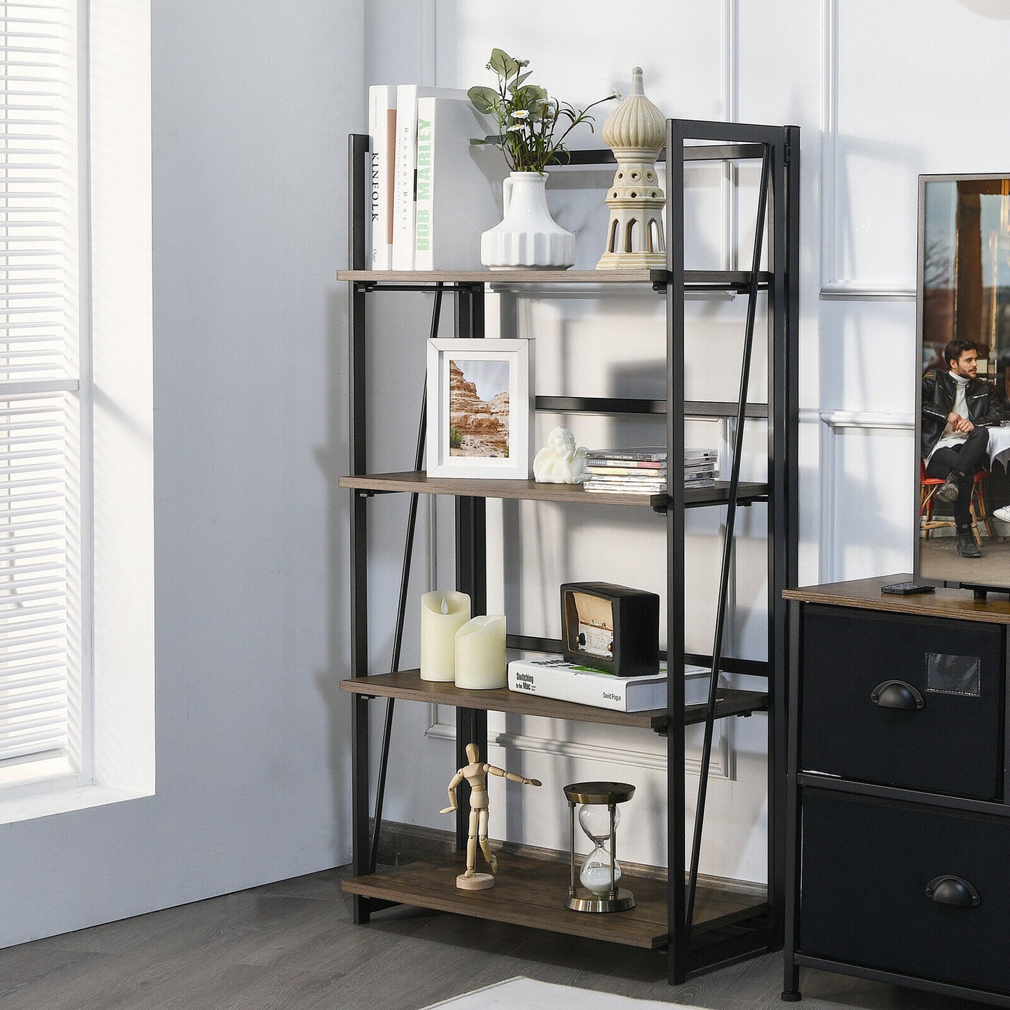 4-Tier Folding Bookshelf No-Assembly Industrial Bookcase Display Shelves Kids Crystal
