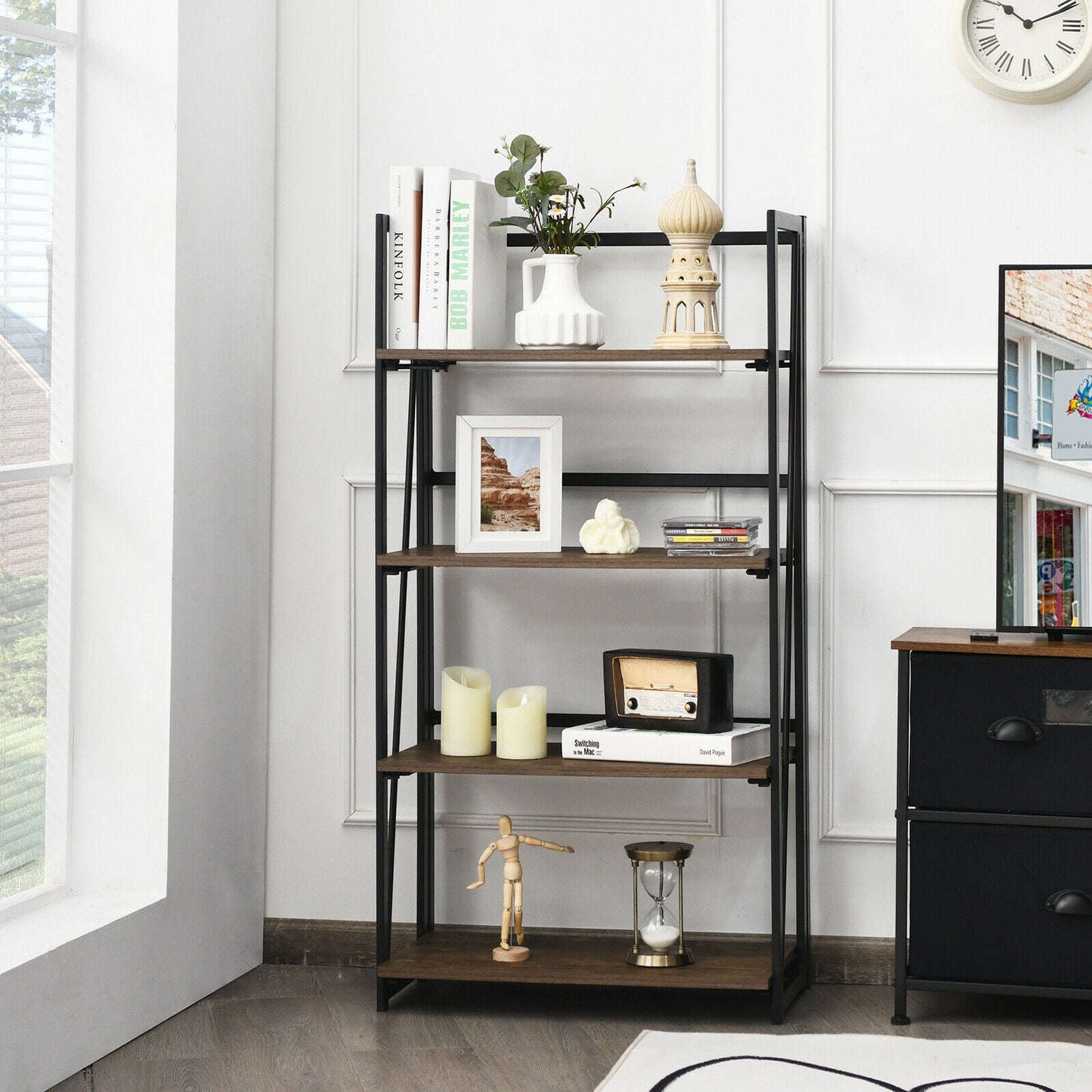 4-Tier Folding Bookshelf No-Assembly Industrial Bookcase Display Shelves Kids Crystal