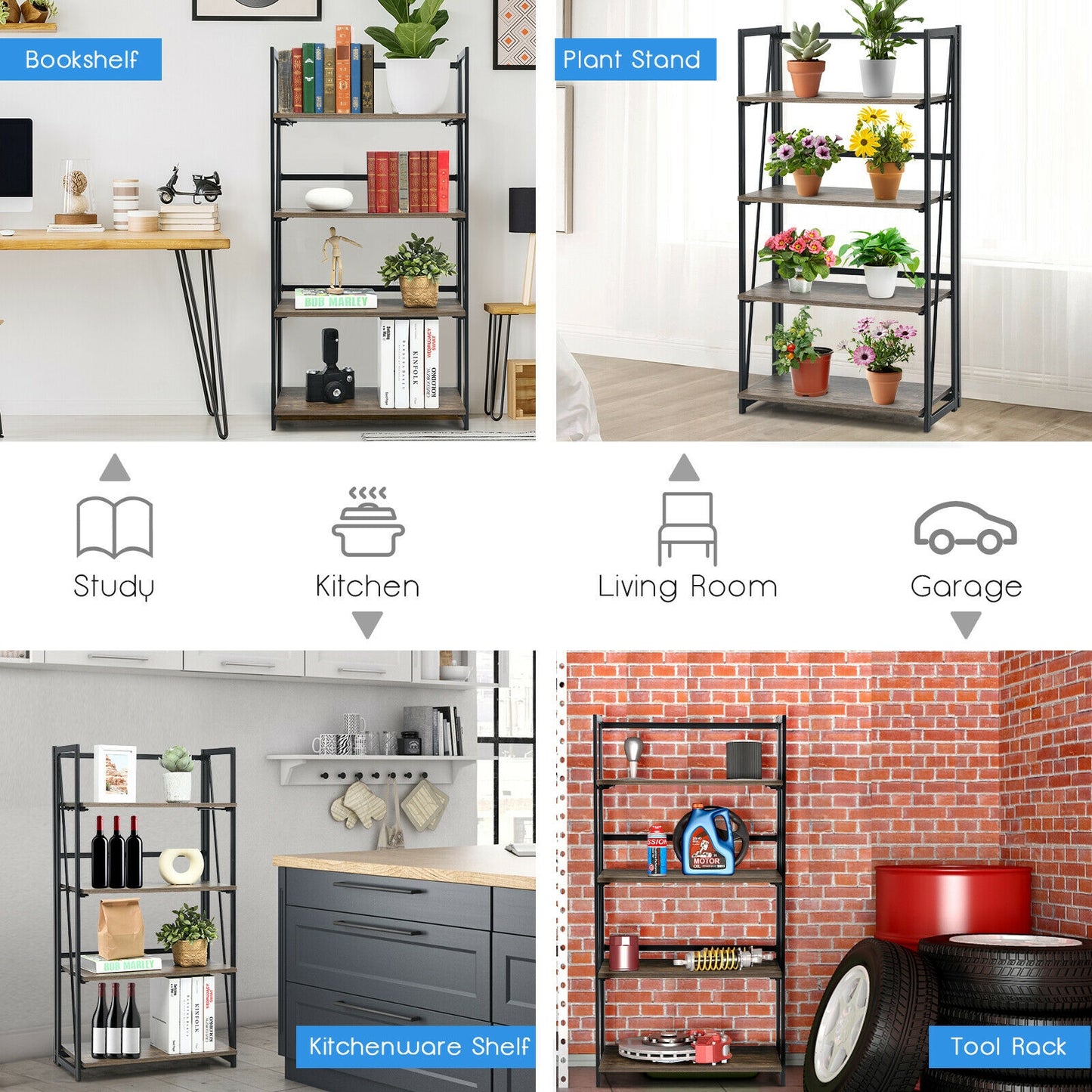 4-Tier Folding Bookshelf No-Assembly Industrial Bookcase Display Shelves Kids Crystal
