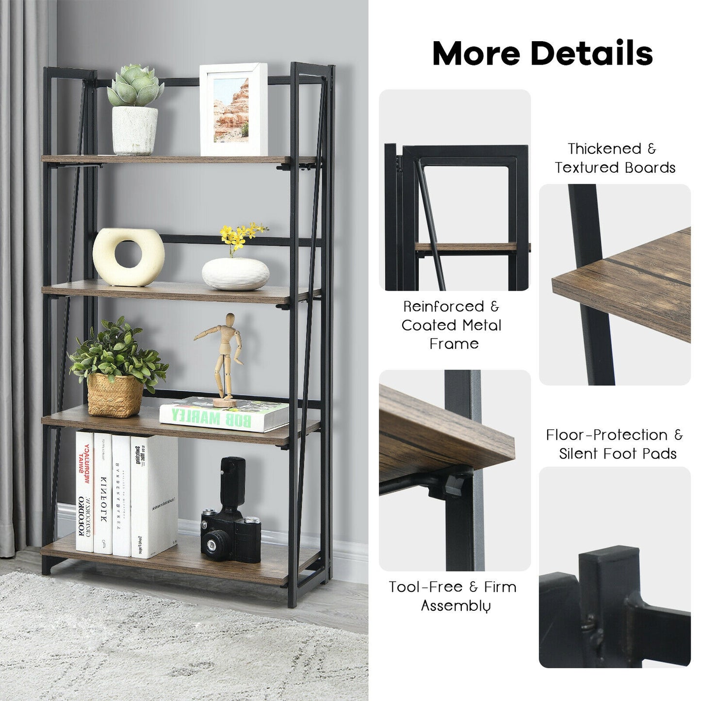4-Tier Folding Bookshelf No-Assembly Industrial Bookcase Display Shelves Kids Crystal