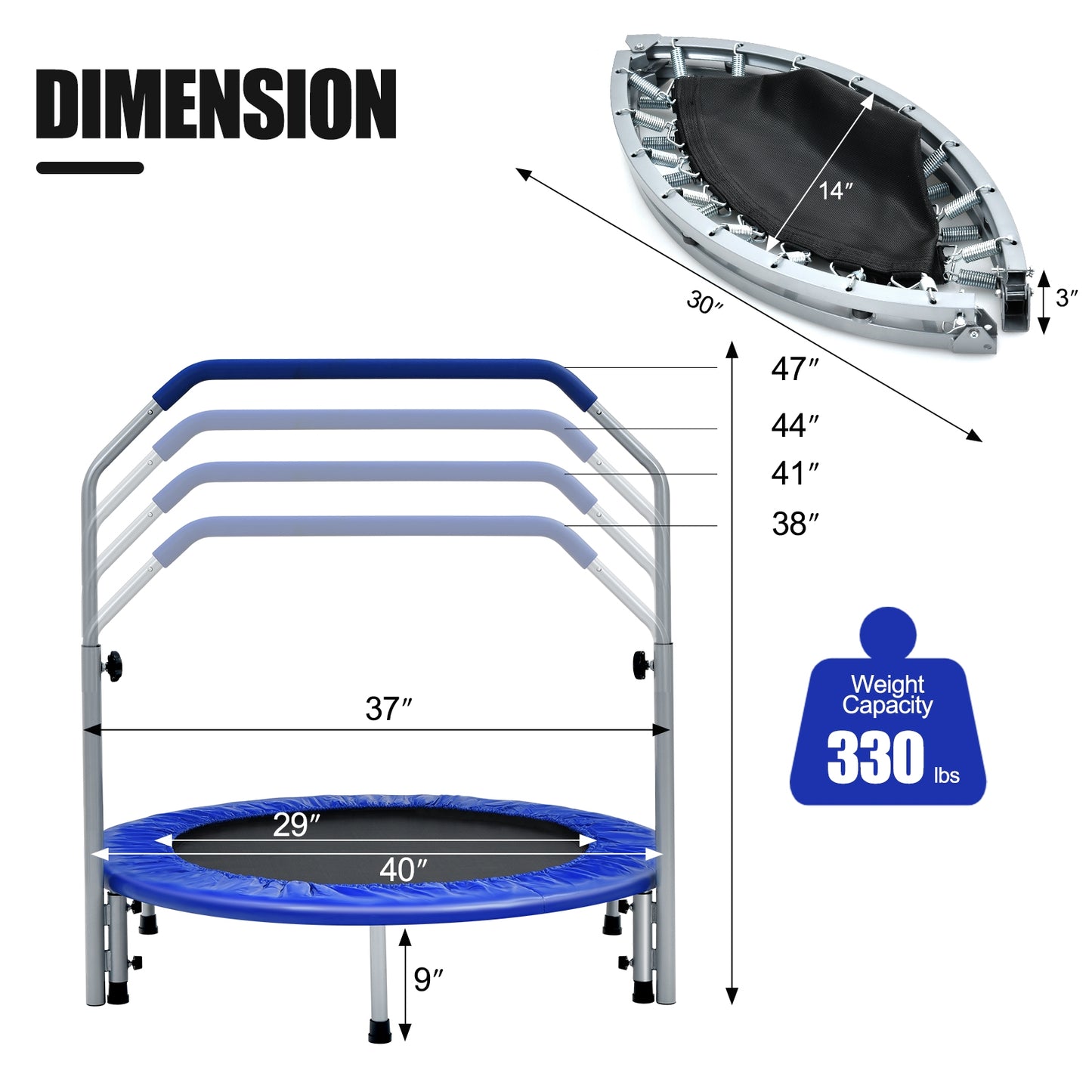 40 Inch Folding Exercise Trampoline Rebounder with 4-Level Handrail Carrying Bag-Blue Kids Crystal