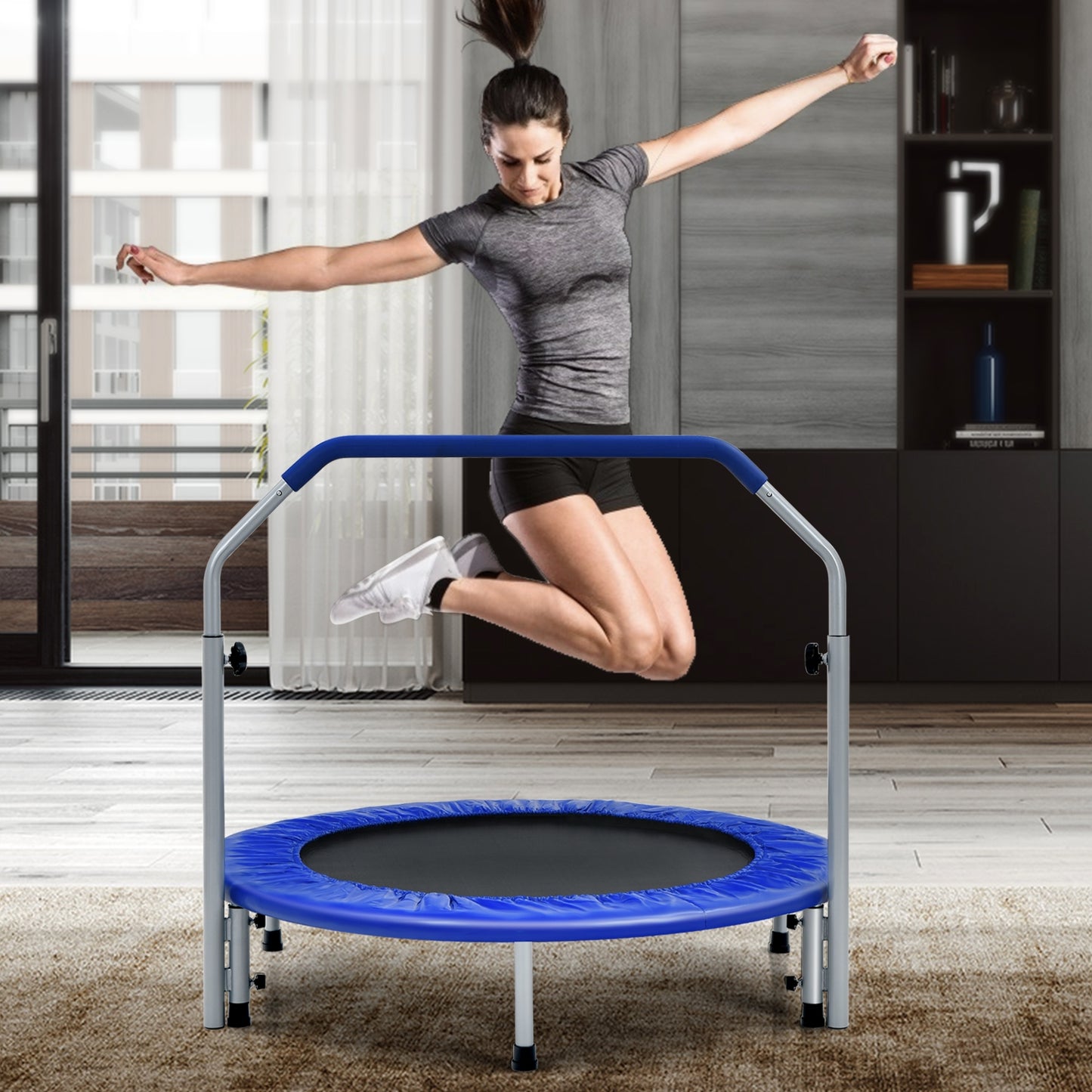40 Inch Folding Exercise Trampoline Rebounder with 4-Level Handrail Carrying Bag-Blue Kids Crystal