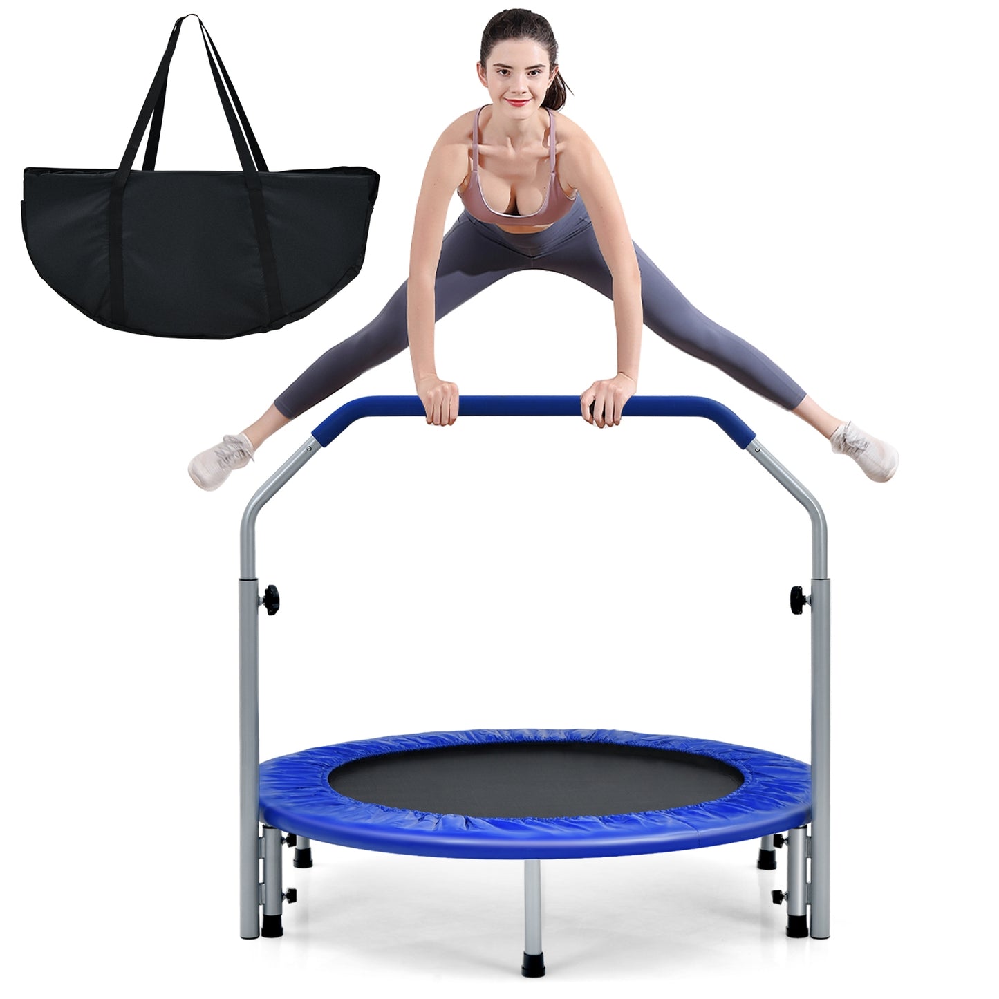 40 Inch Folding Exercise Trampoline Rebounder with 4-Level Handrail Carrying Bag-Blue Kids Crystal