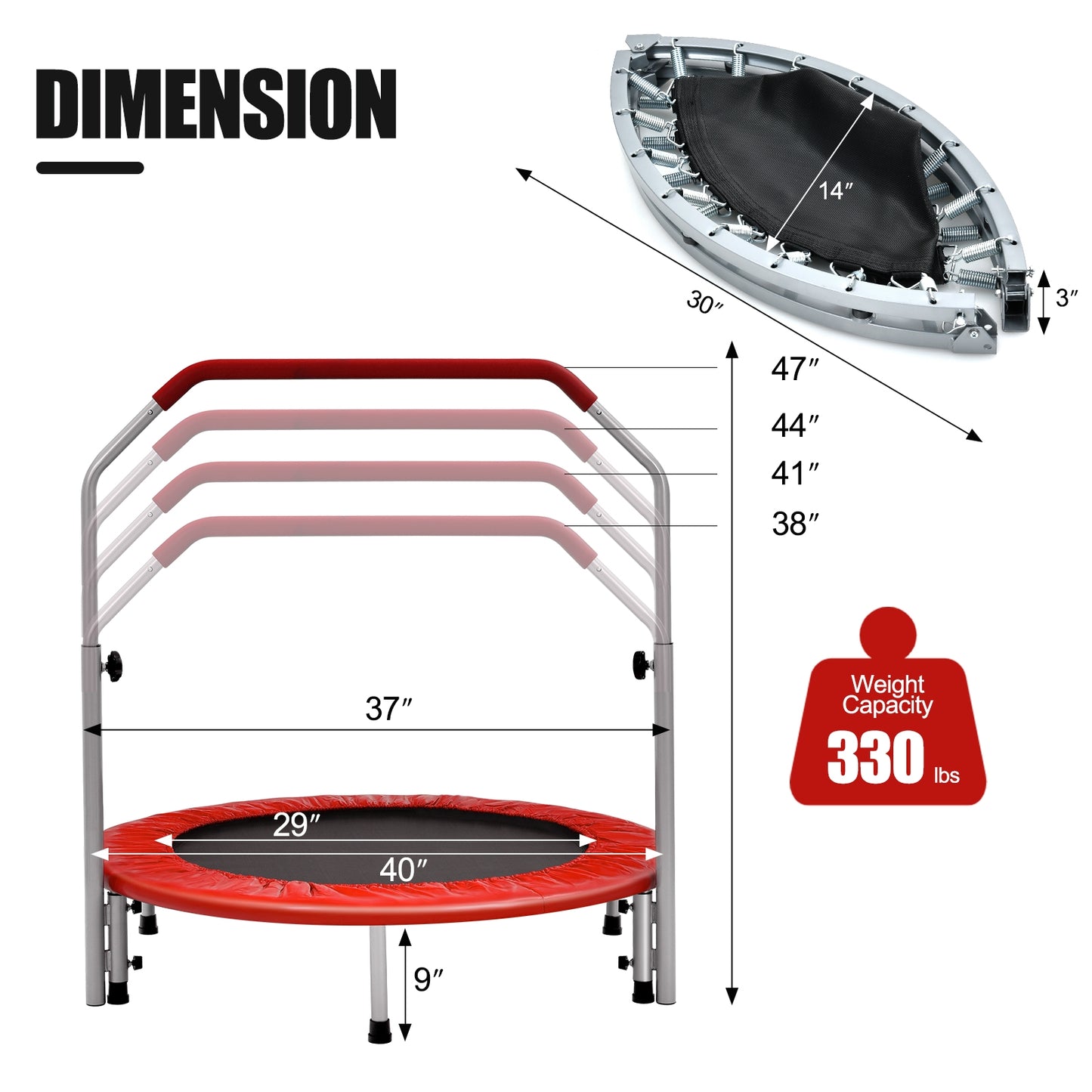 40 Inch Folding Exercise Trampoline Rebounder with 4-Level Handrail Carrying Bag-Red Kids Crystal
