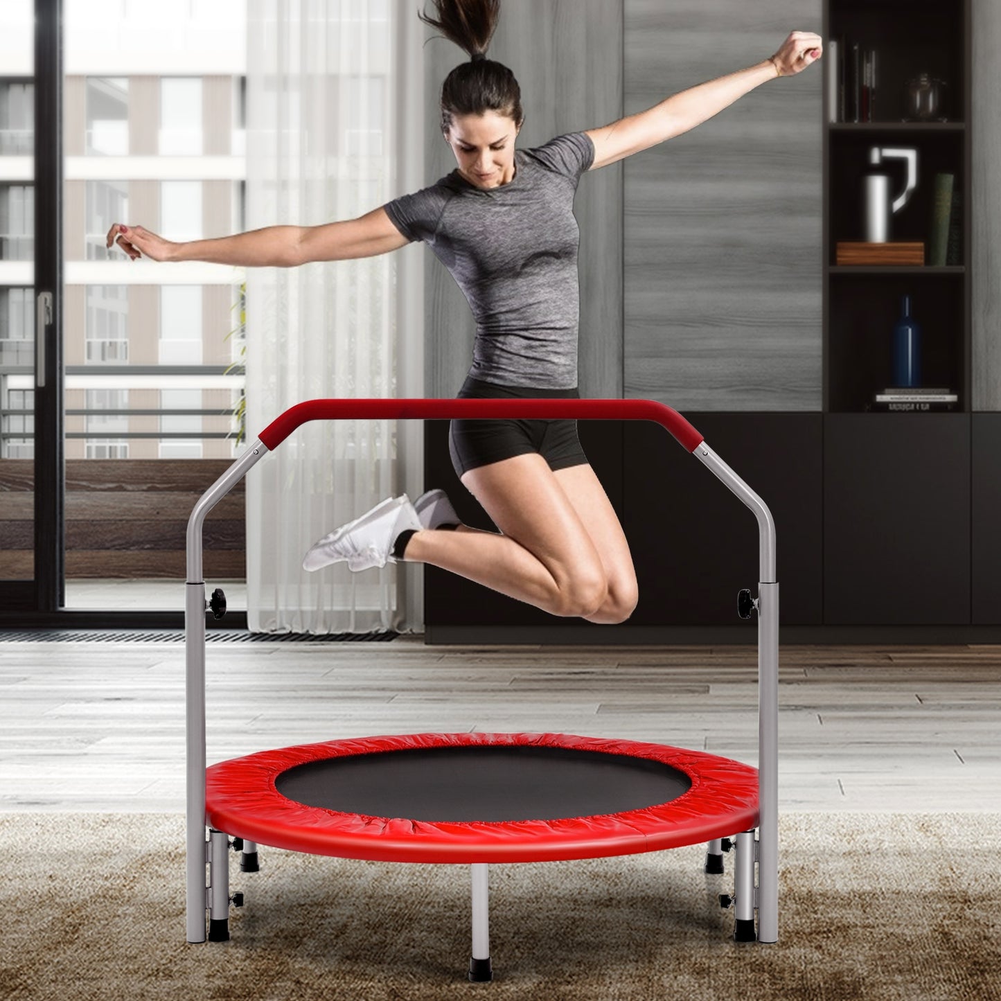 40 Inch Folding Exercise Trampoline Rebounder with 4-Level Handrail Carrying Bag-Red Kids Crystal