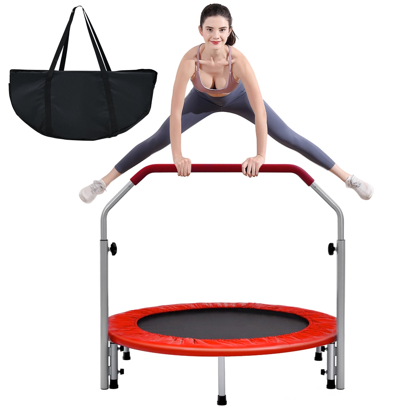 40 Inch Folding Exercise Trampoline Rebounder with 4-Level Handrail Carrying Bag-Red Kids Crystal