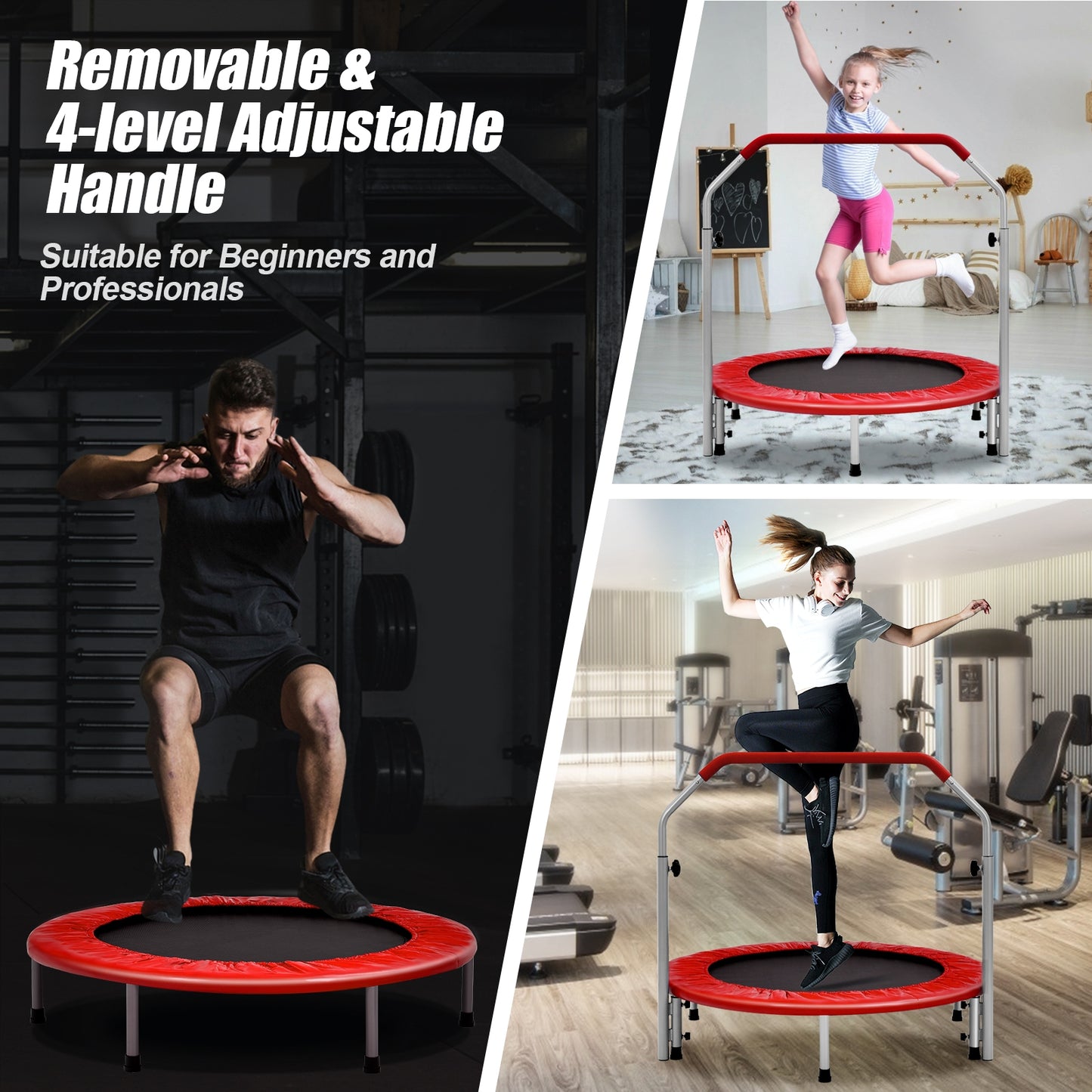 40 Inch Folding Exercise Trampoline Rebounder with 4-Level Handrail Carrying Bag-Red Kids Crystal