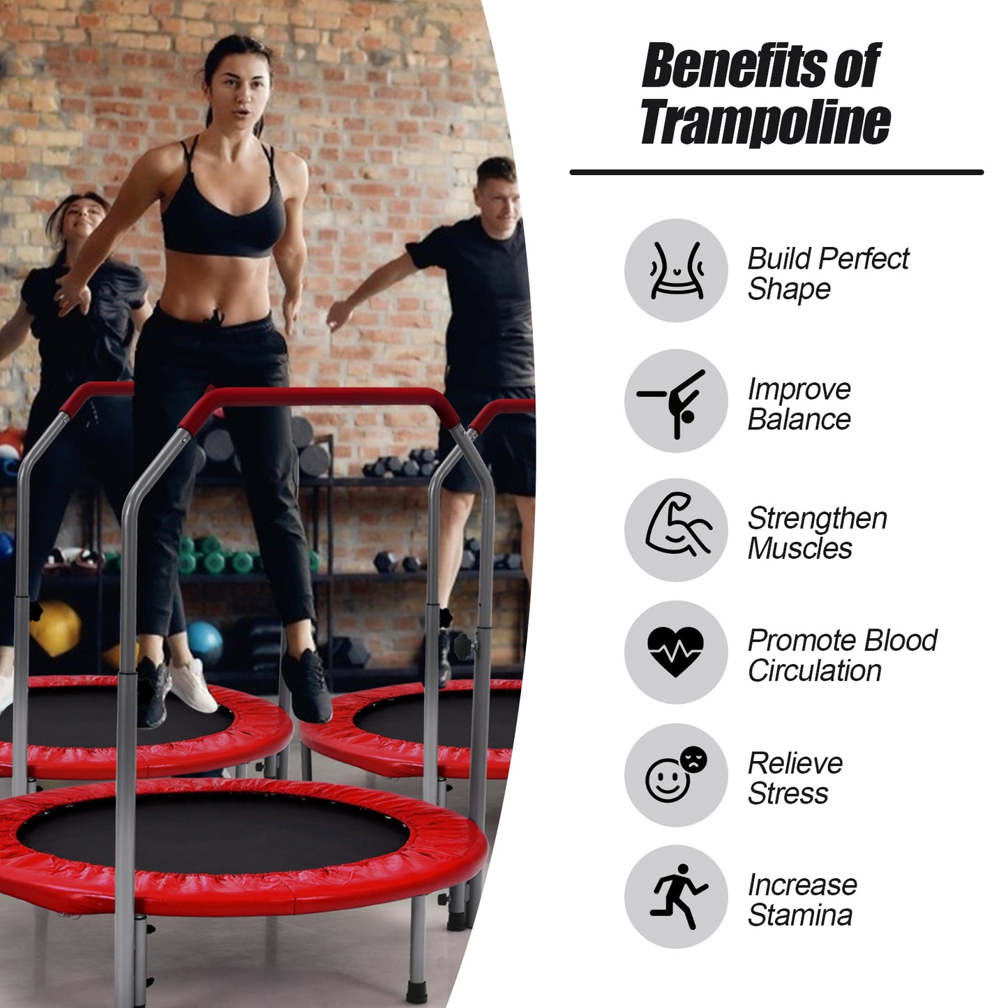 40 Inch Folding Exercise Trampoline Rebounder with 4-Level Handrail Carrying Bag-Red Kids Crystal