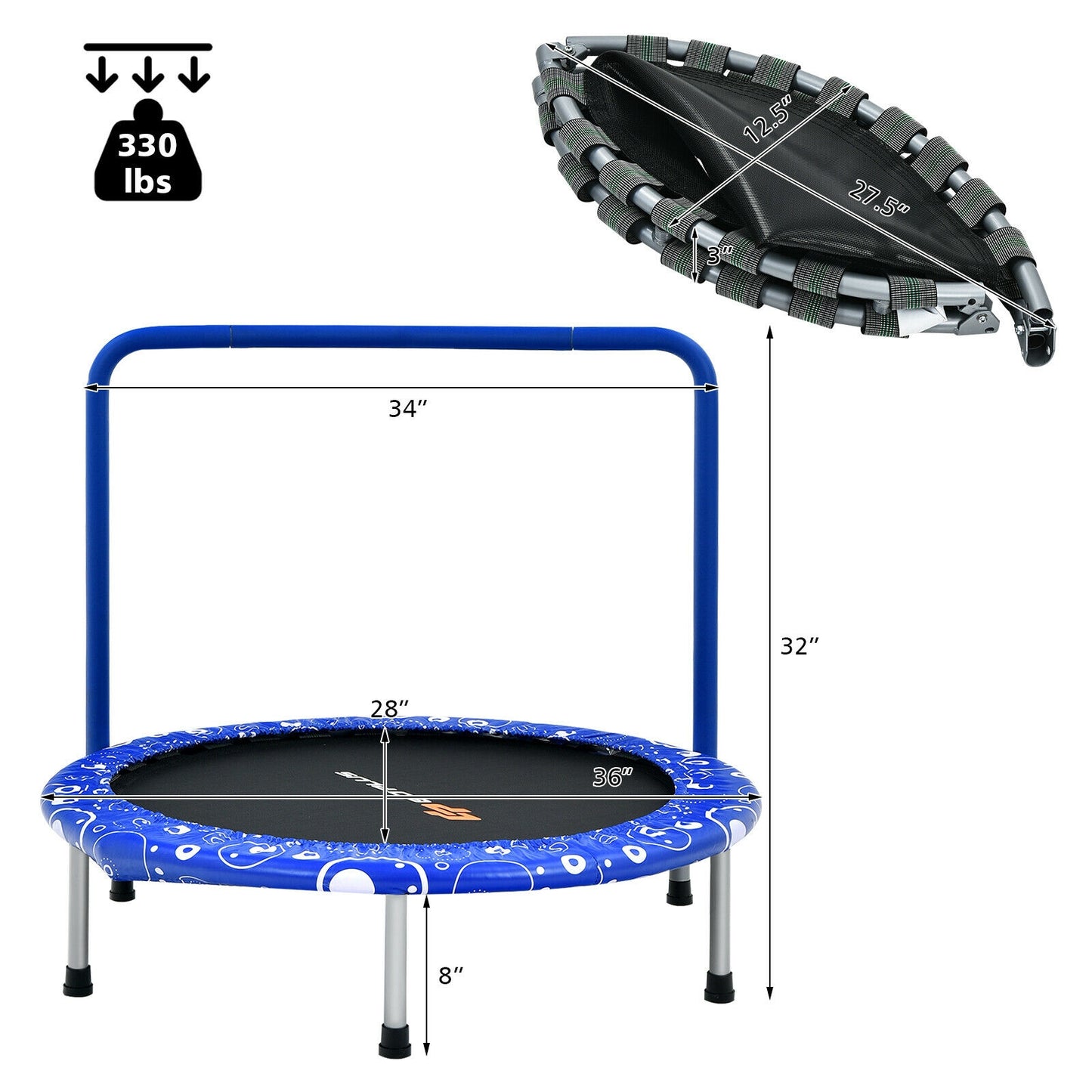 36 Inch Kids Trampoline Mini Rebounder with Full Covered Handrail -Blue Kids Crystal