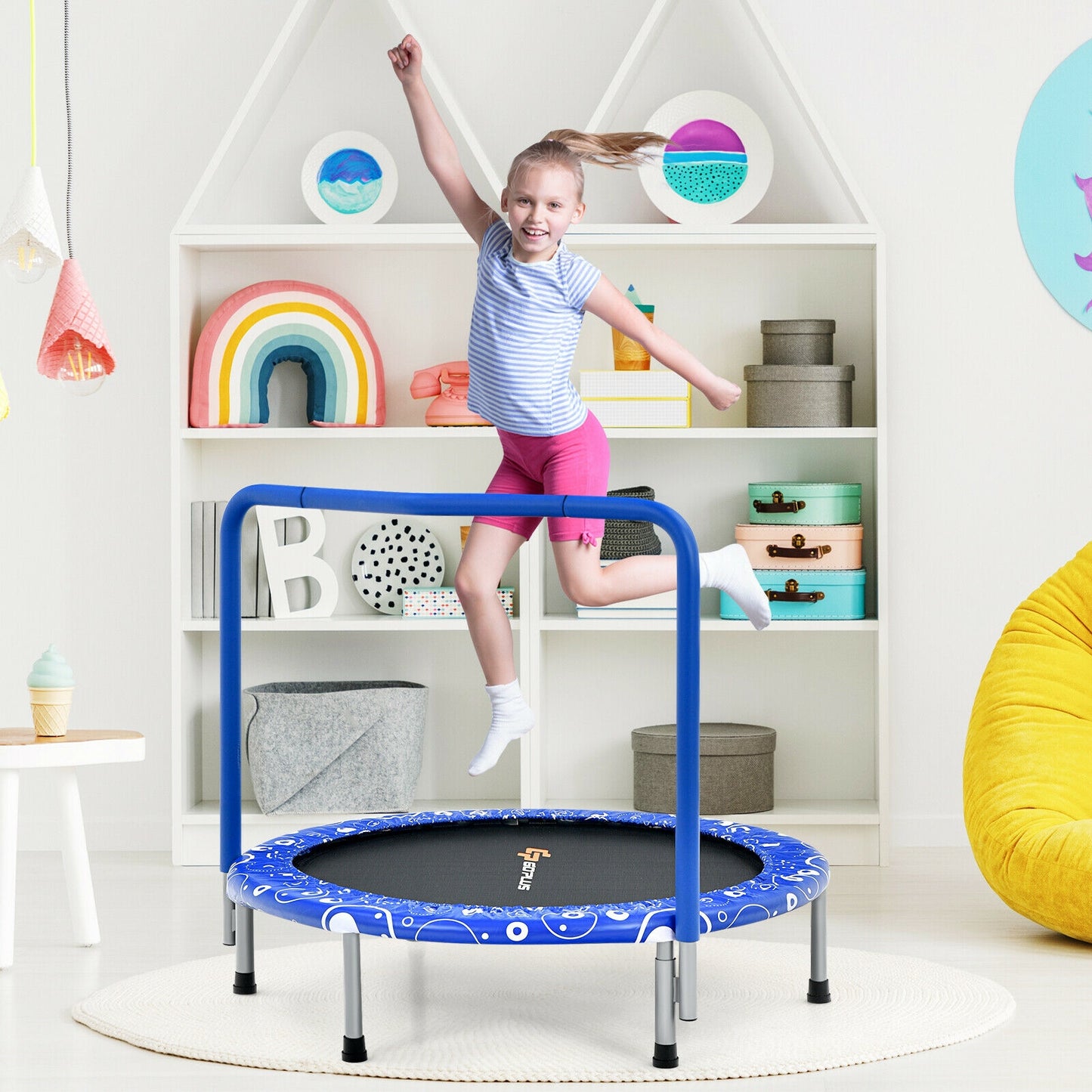36 Inch Kids Trampoline Mini Rebounder with Full Covered Handrail -Blue Kids Crystal