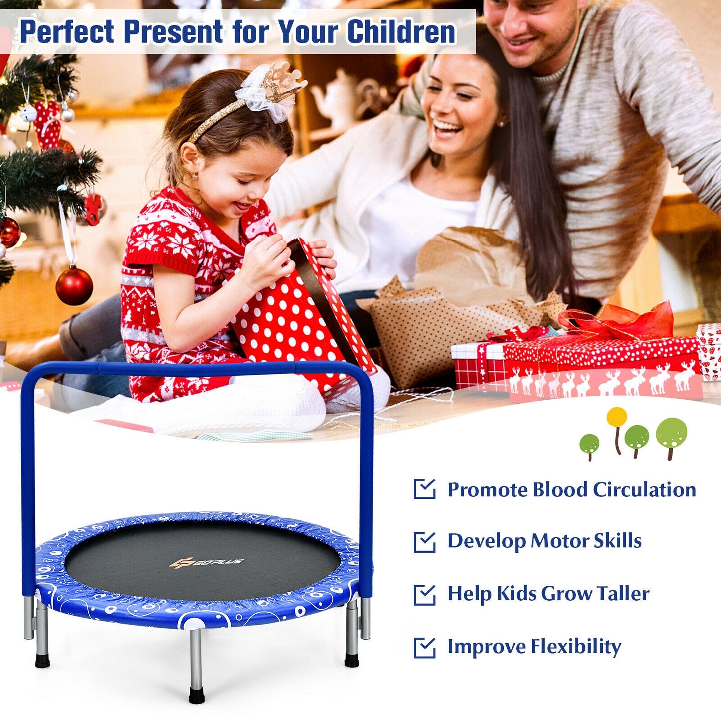 36 Inch Kids Trampoline Mini Rebounder with Full Covered Handrail -Blue Kids Crystal