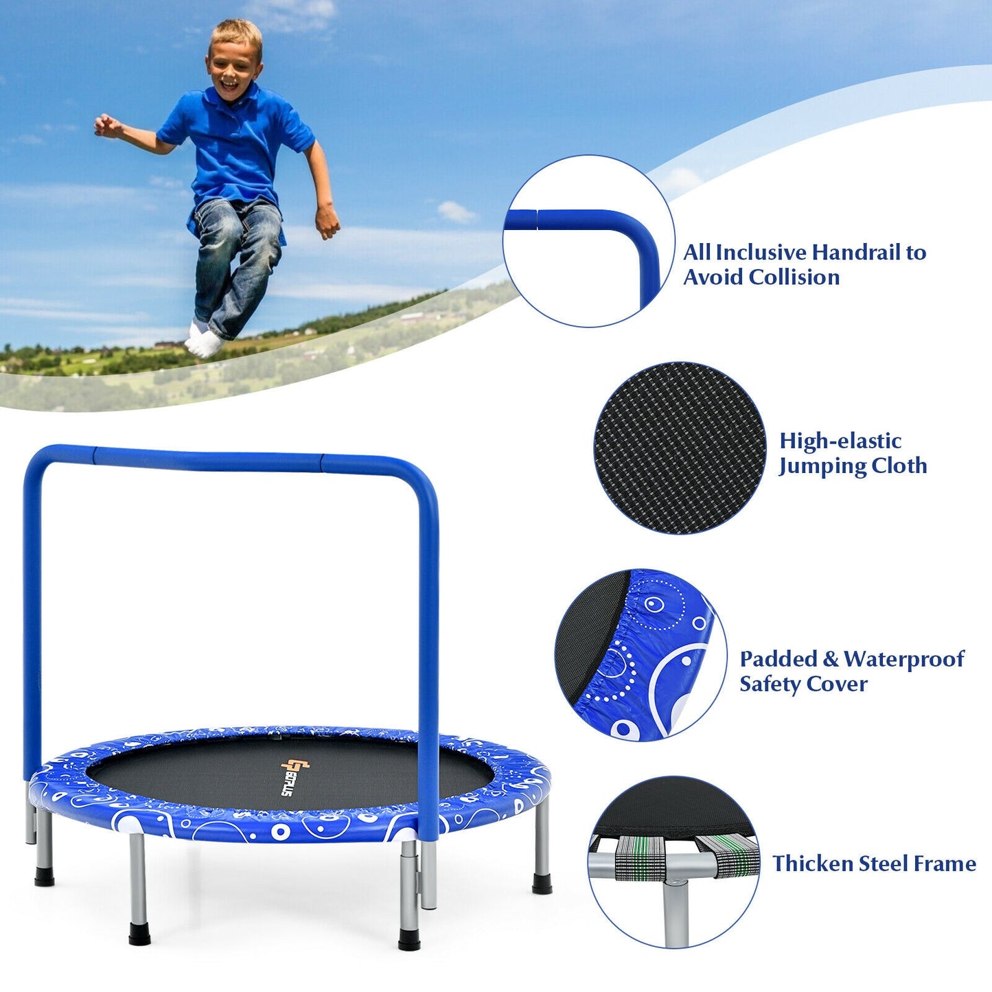 36 Inch Kids Trampoline Mini Rebounder with Full Covered Handrail -Blue Kids Crystal