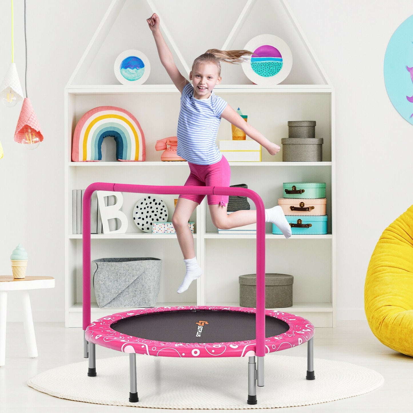 36 Inch Kids Trampoline Mini Rebounder with Full Covered Handrail -Pink Kids Crystal