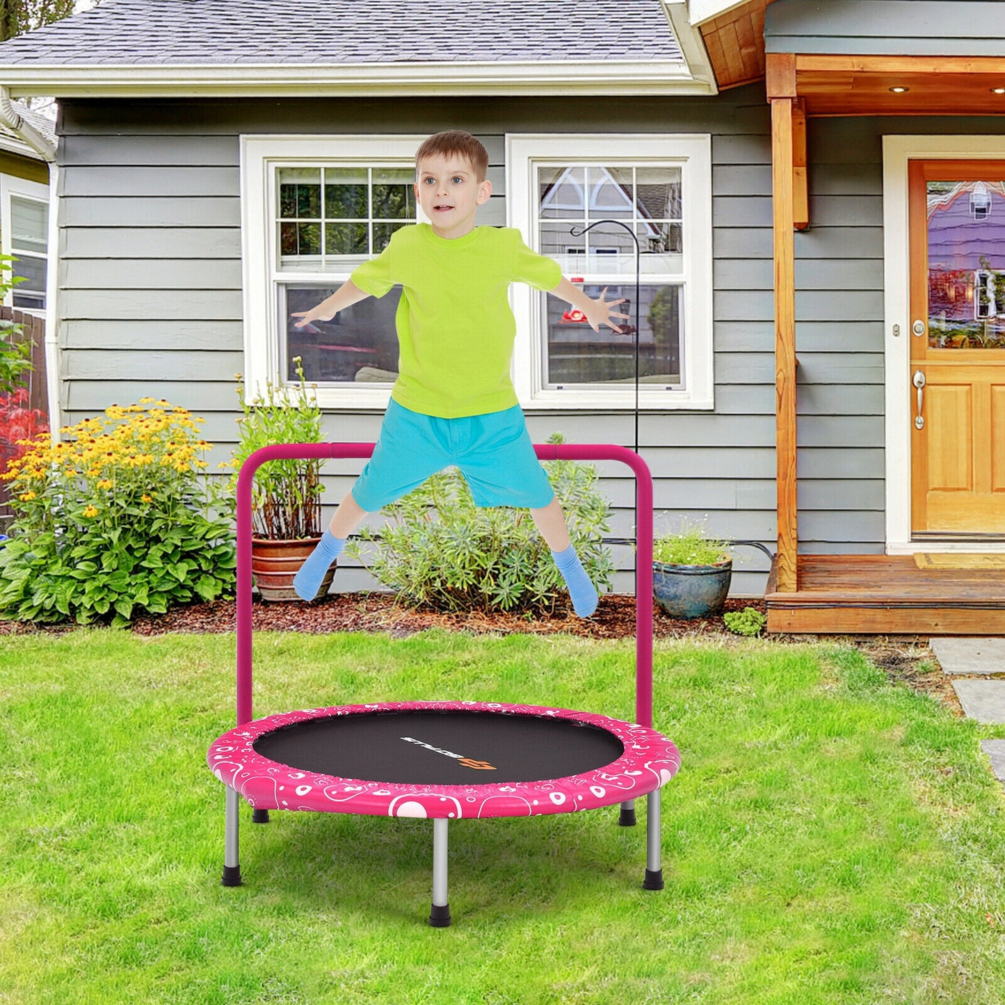 36 Inch Kids Trampoline Mini Rebounder with Full Covered Handrail -Pink Kids Crystal