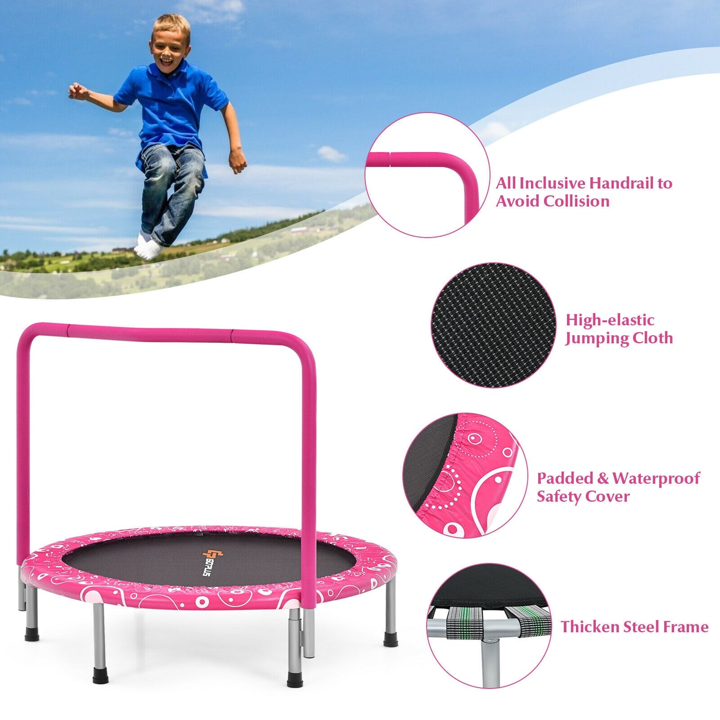 36 Inch Kids Trampoline Mini Rebounder with Full Covered Handrail -Pink Kids Crystal