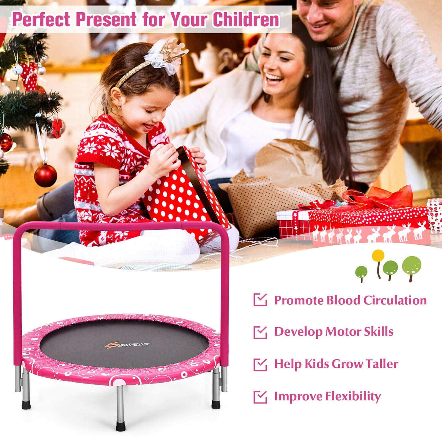 36 Inch Kids Trampoline Mini Rebounder with Full Covered Handrail -Pink Kids Crystal