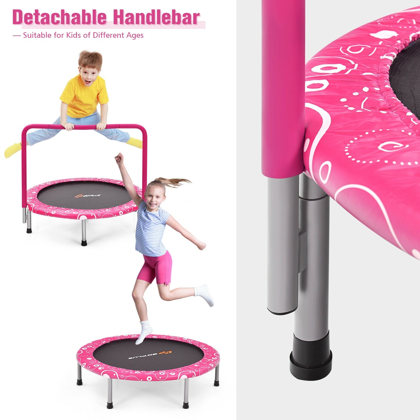 36 Inch Kids Trampoline Mini Rebounder with Full Covered Handrail -Pink Kids Crystal