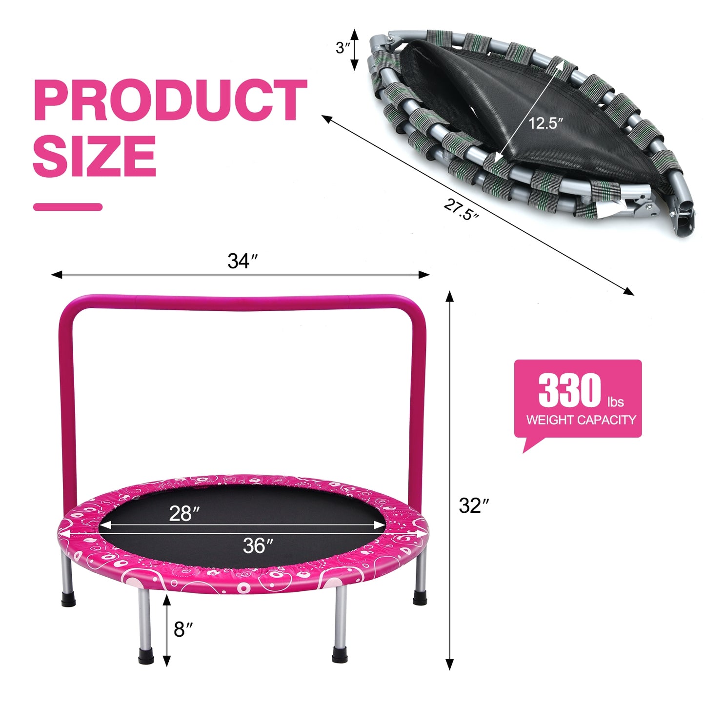 36 Inch Kids Trampoline Mini Rebounder with Full Covered Handrail -Pink Kids Crystal