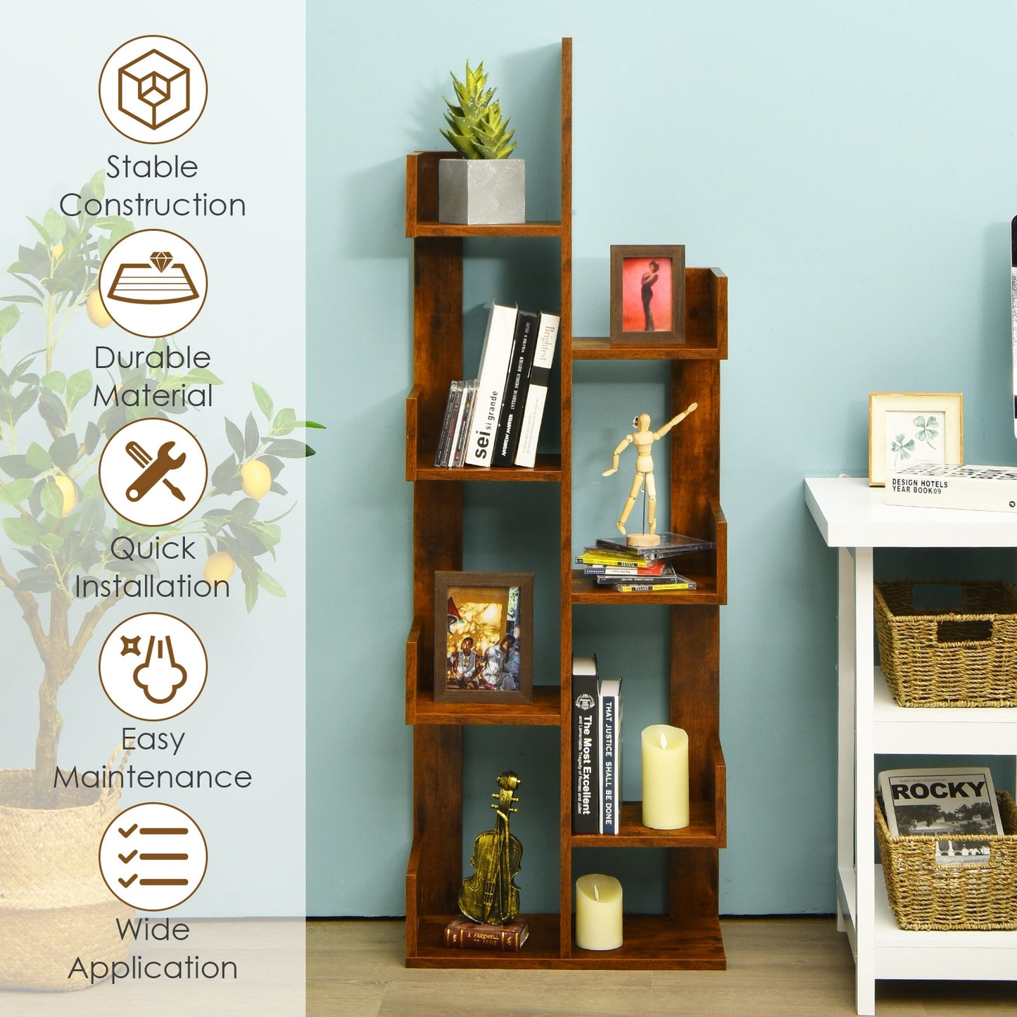 8-Tier Bookshelf Bookcase with 8 Open Compartments Space-Saving Storage Rack -Coffee Kids Crystal