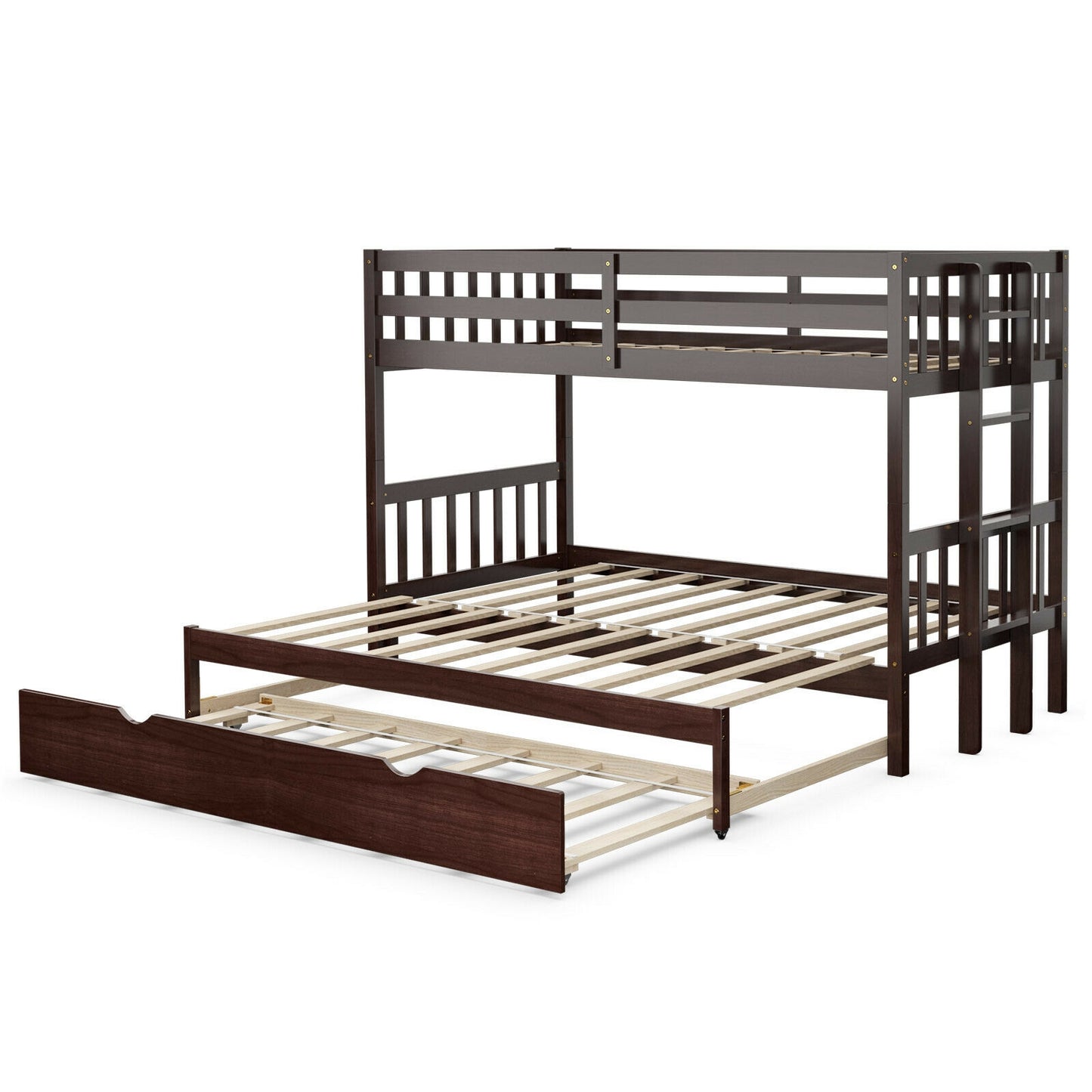 Twin Pull-Out Bunk Bed with Trundle Wooden Ladder-Dark Brown Kids Crystal