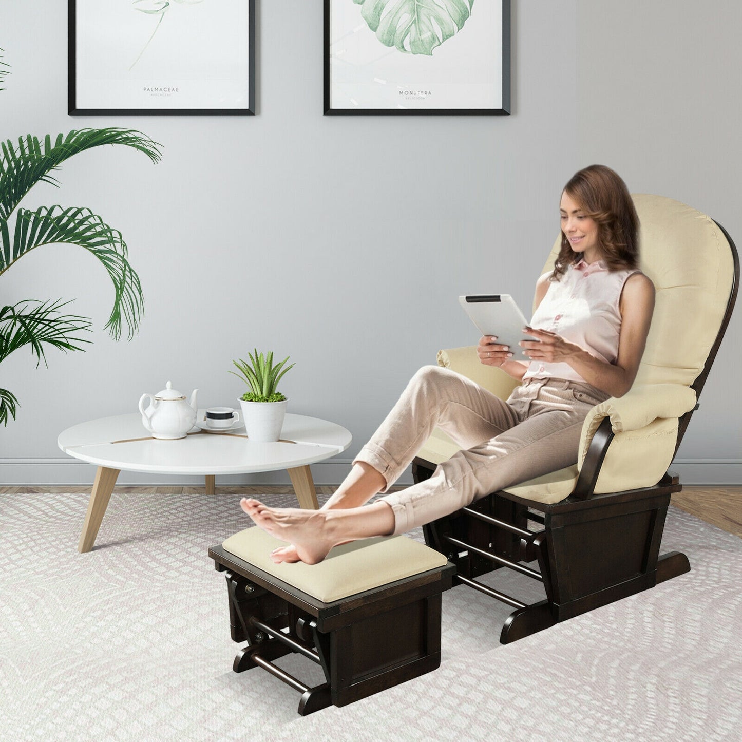 Wood Baby Glider and Ottoman Cushion Set with Padded Armrests for Nursing-Beige Kids Crystal