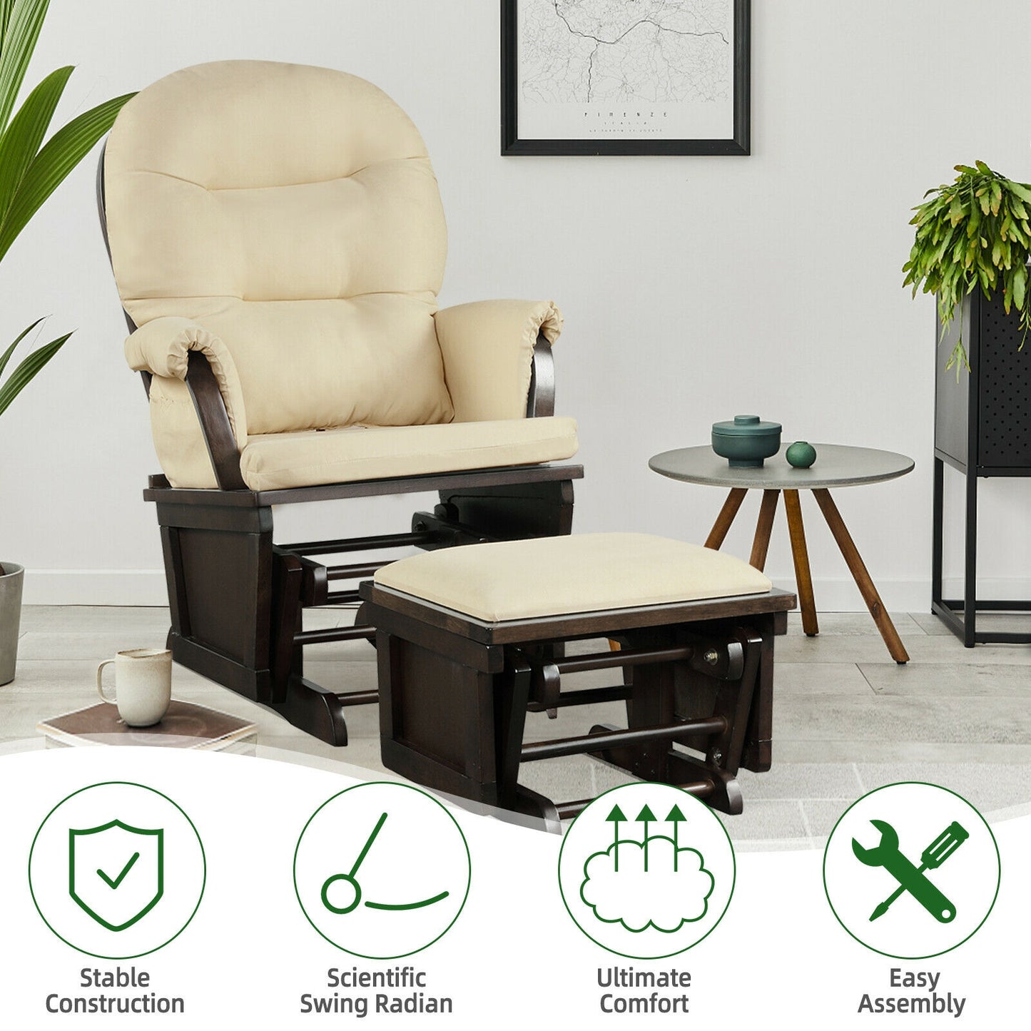 Wood Baby Glider and Ottoman Cushion Set with Padded Armrests for Nursing-Beige Kids Crystal