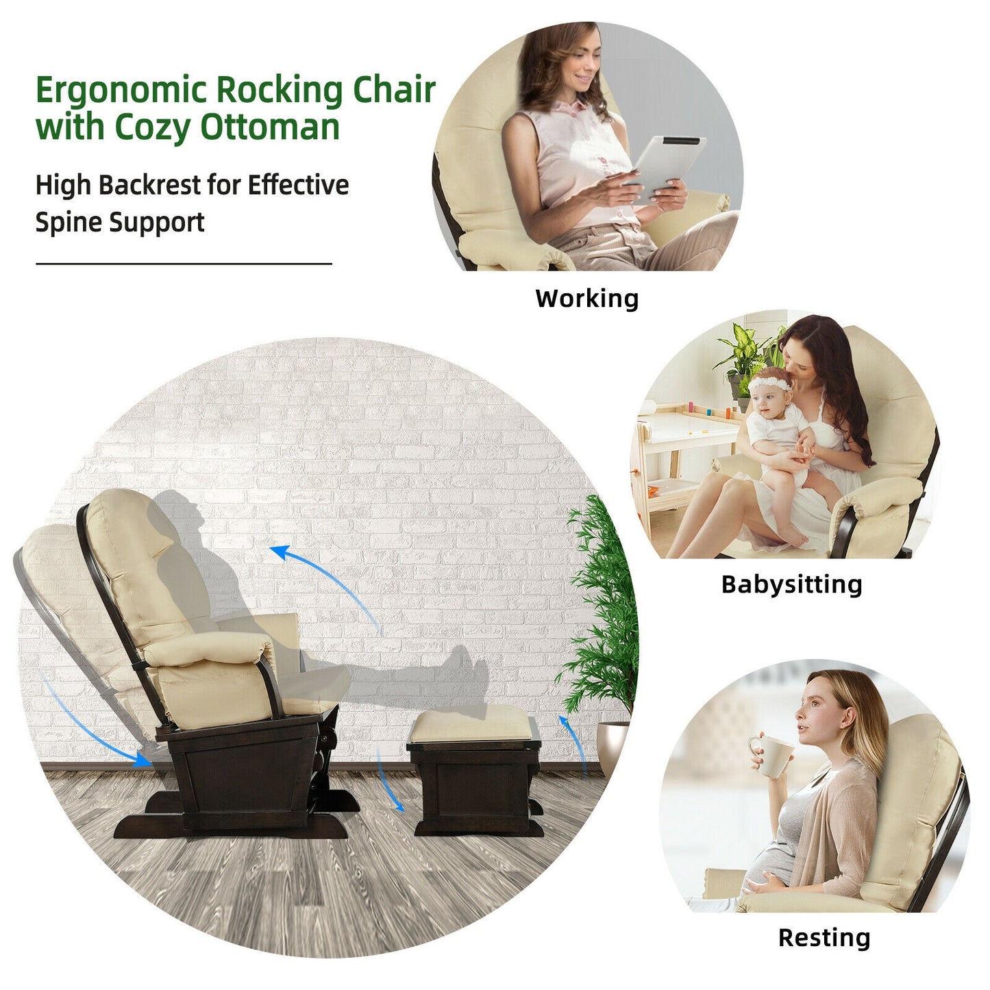 Wood Baby Glider and Ottoman Cushion Set with Padded Armrests for Nursing-Beige Kids Crystal