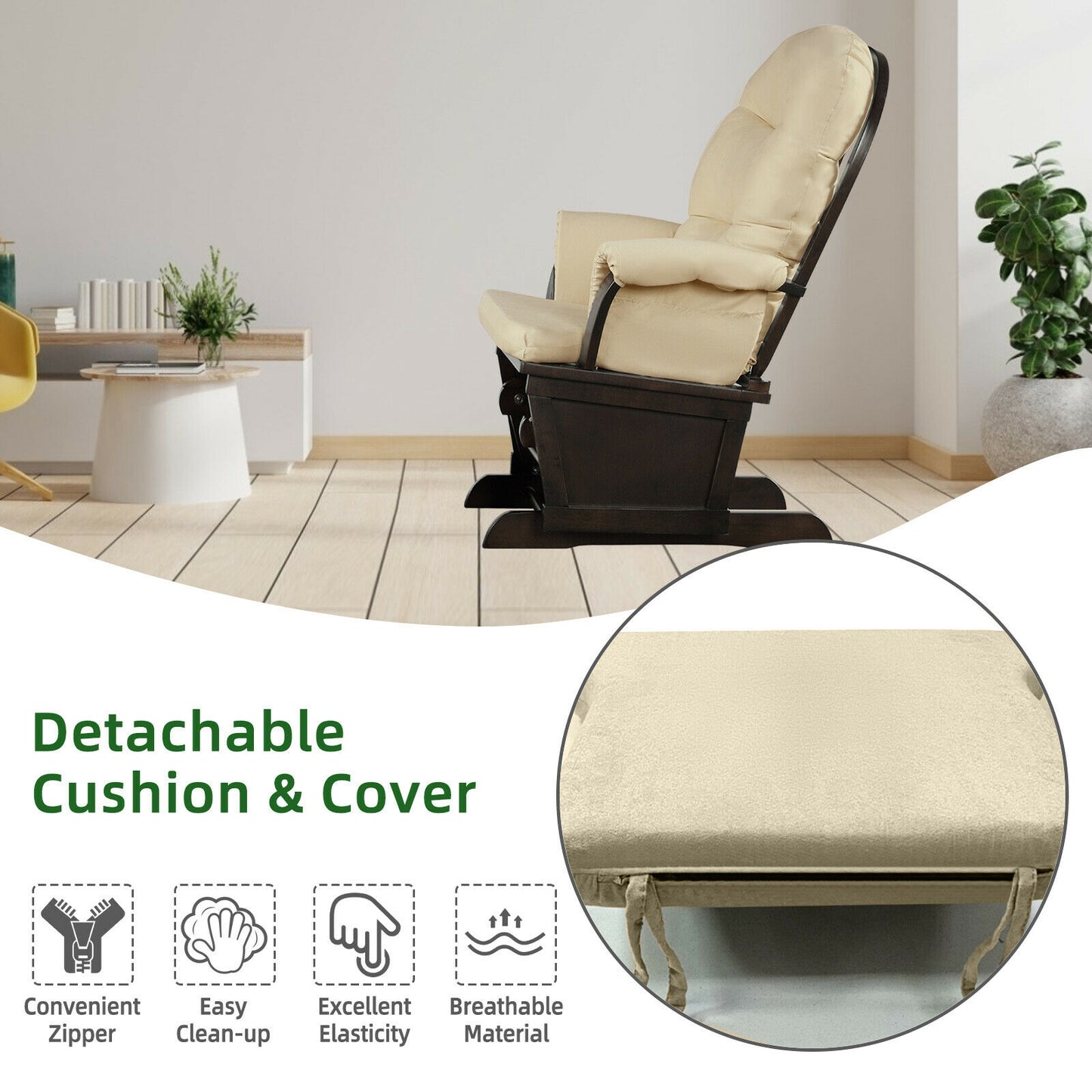 Wood Baby Glider and Ottoman Cushion Set with Padded Armrests for Nursing-Beige Kids Crystal