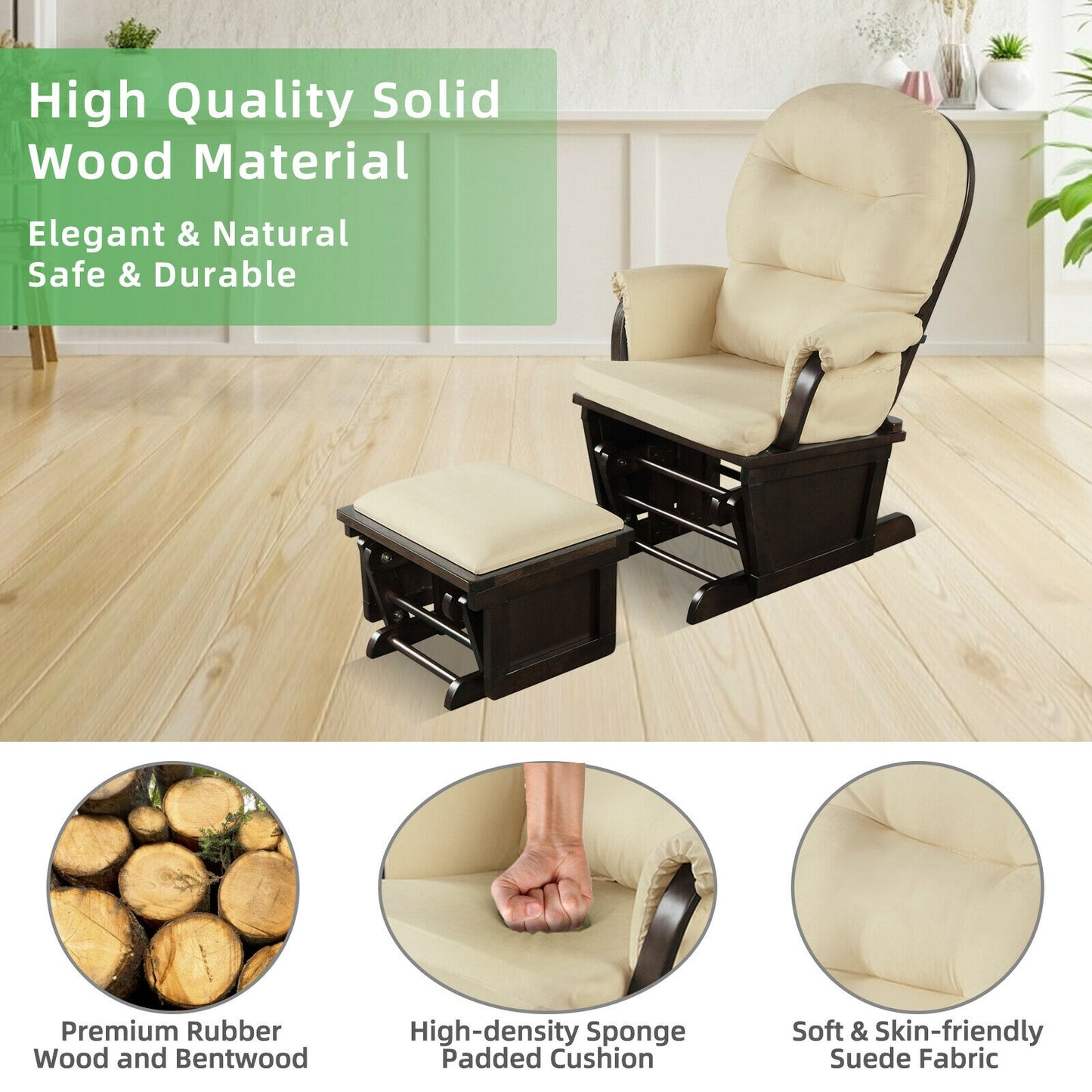 Wood Baby Glider and Ottoman Cushion Set with Padded Armrests for Nursing-Beige Kids Crystal