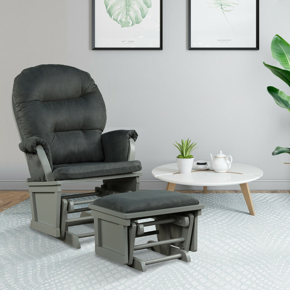 Wood Baby Glider and Ottoman Cushion Set with Padded Armrests for Nursing-Gray Kids Crystal