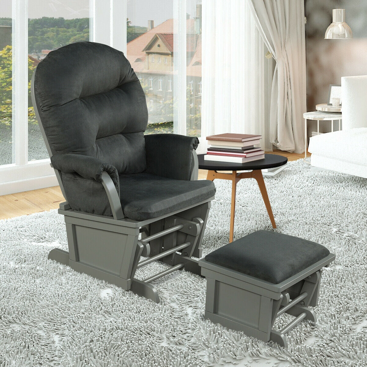 Wood Baby Glider and Ottoman Cushion Set with Padded Armrests for Nursing-Gray Kids Crystal