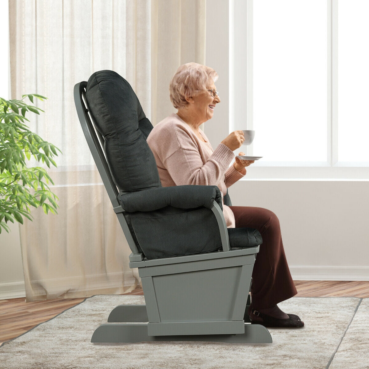 Wood Baby Glider and Ottoman Cushion Set with Padded Armrests for Nursing-Gray Kids Crystal