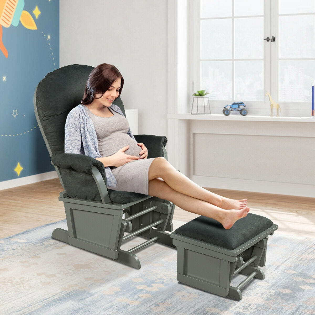 Wood Baby Glider and Ottoman Cushion Set with Padded Armrests for Nursing-Gray Kids Crystal